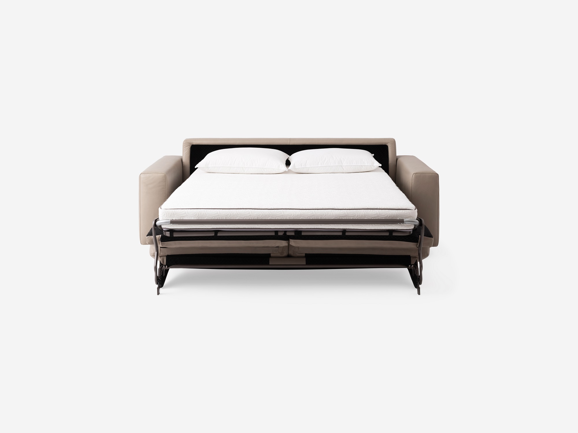 Front view of the Reva modern sleeper sofa in beige leather with bed unfolded