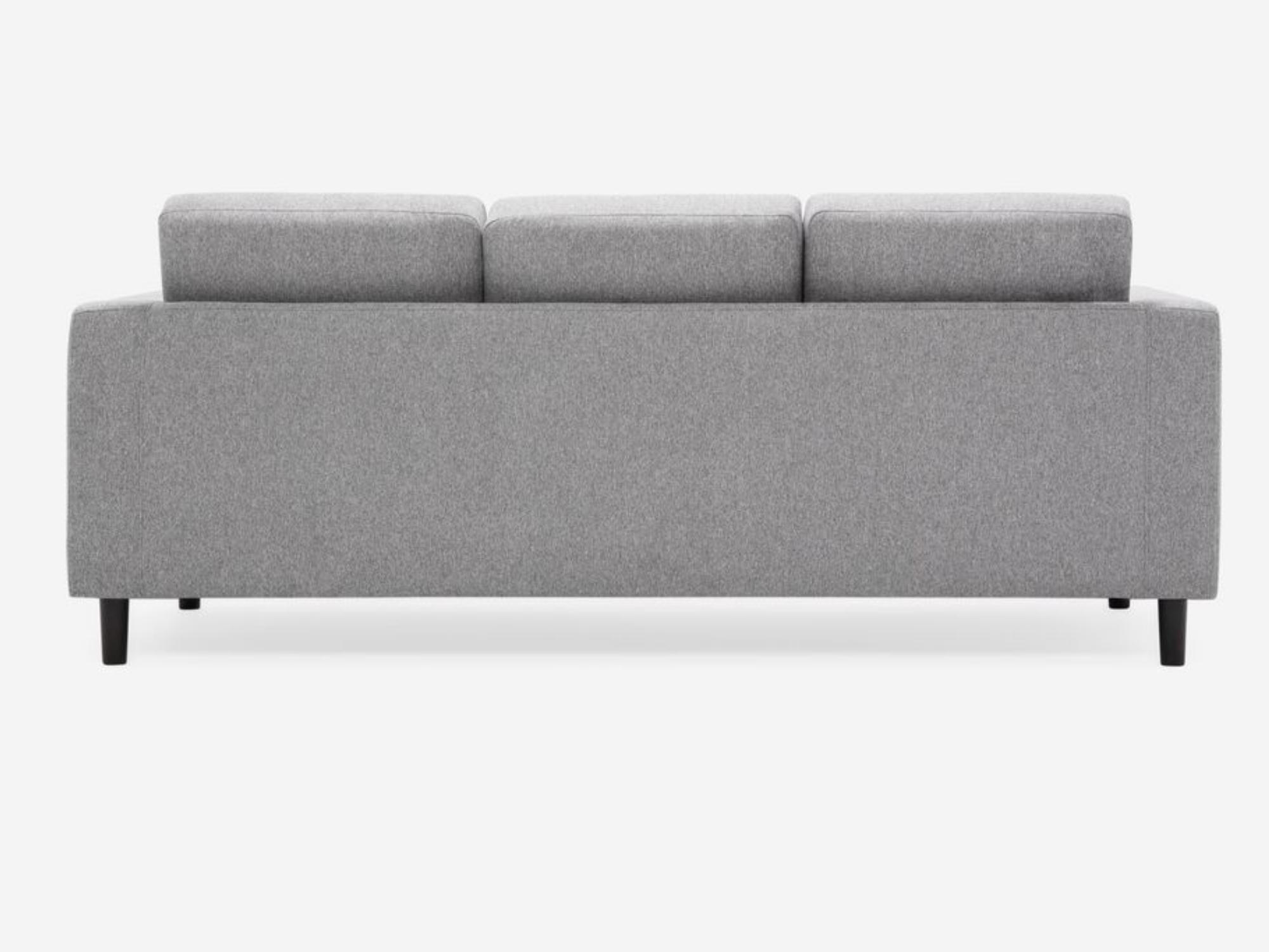 Back view of the Solo modern couch in grey fabric