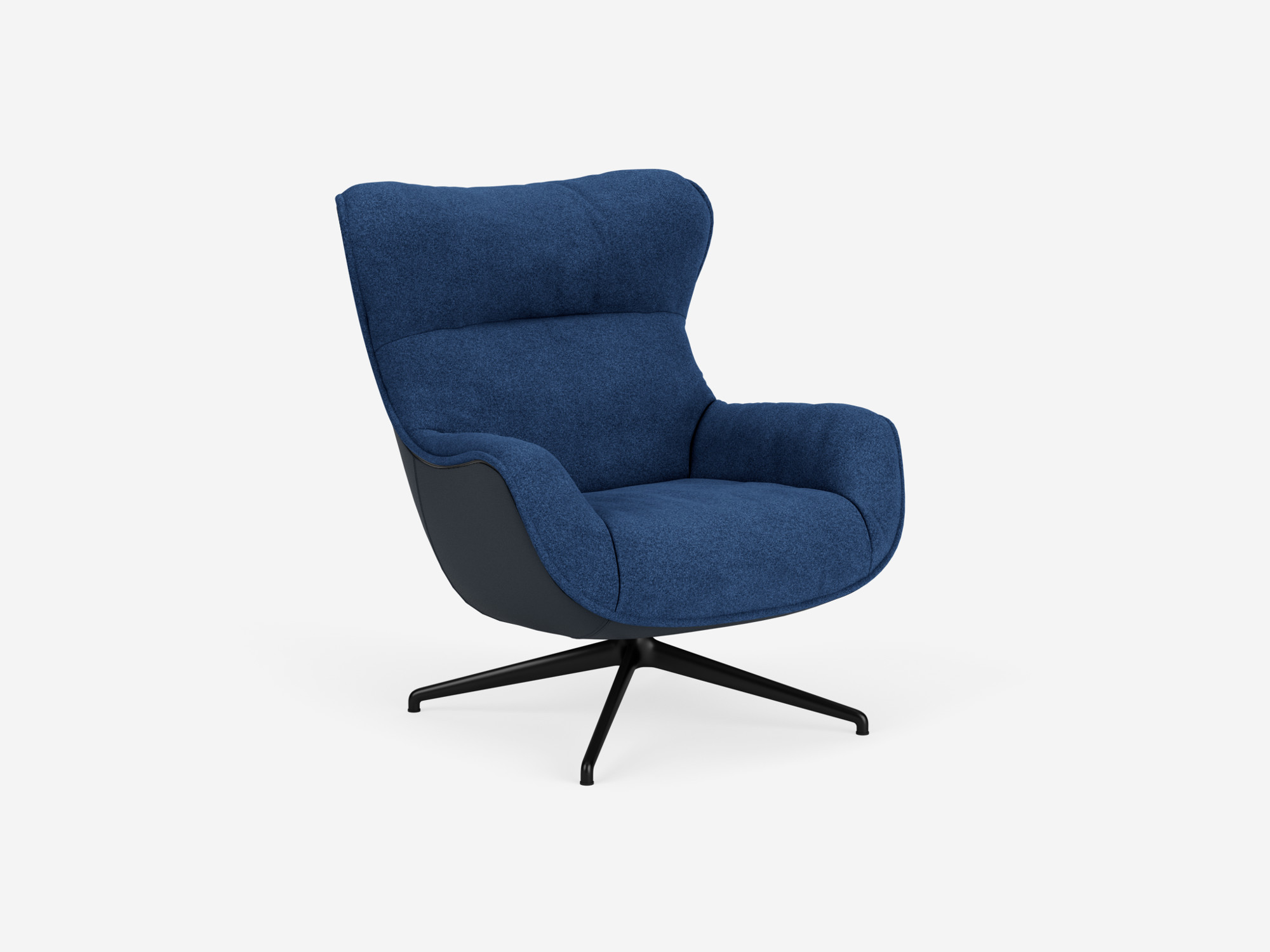 Blue custom upholstered swivel chair front angle view