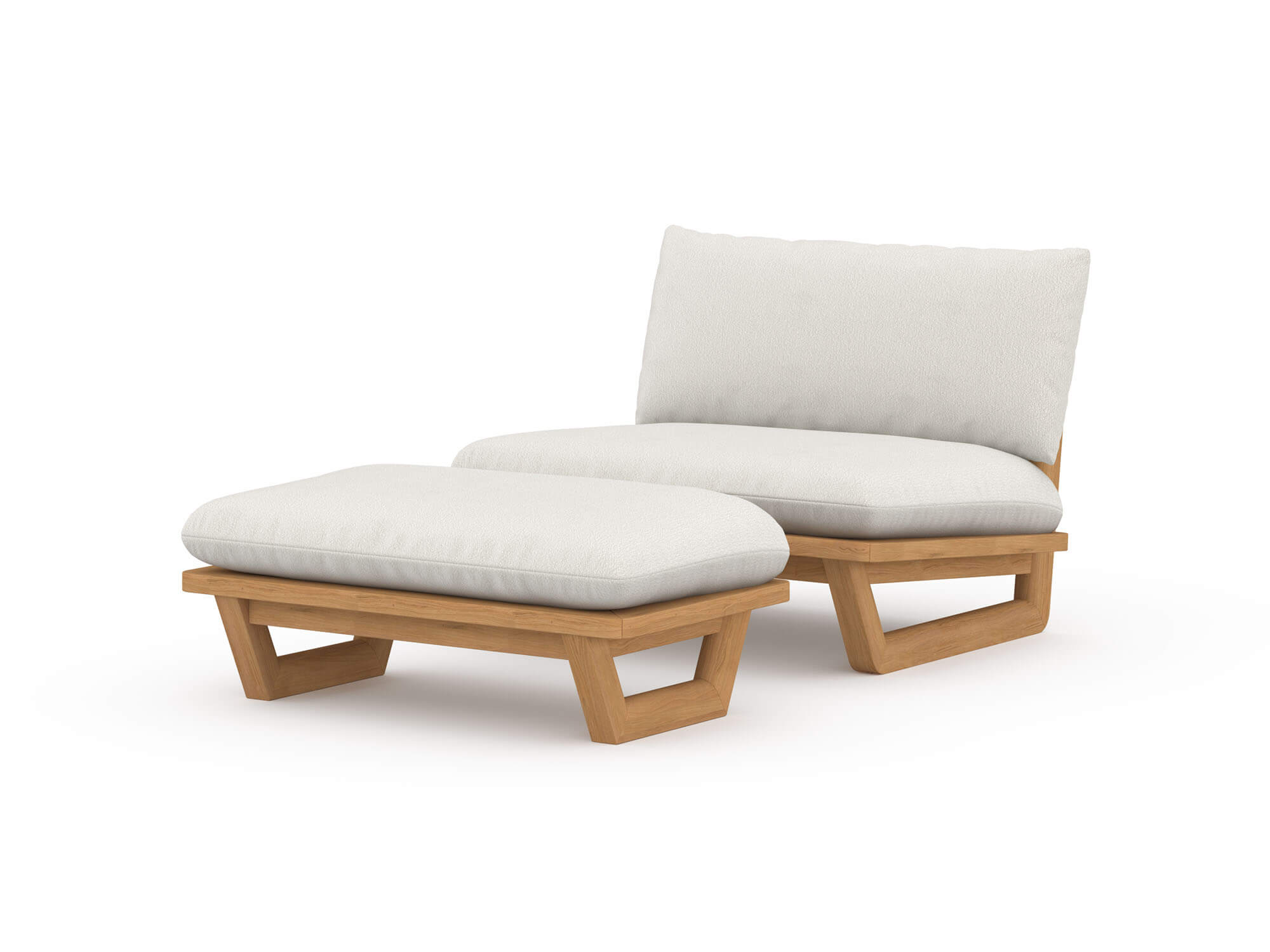 Vue d'angle avant d'une chaise longue et d'un pouf d'extérieur avec coussins beiges et pieds en bois