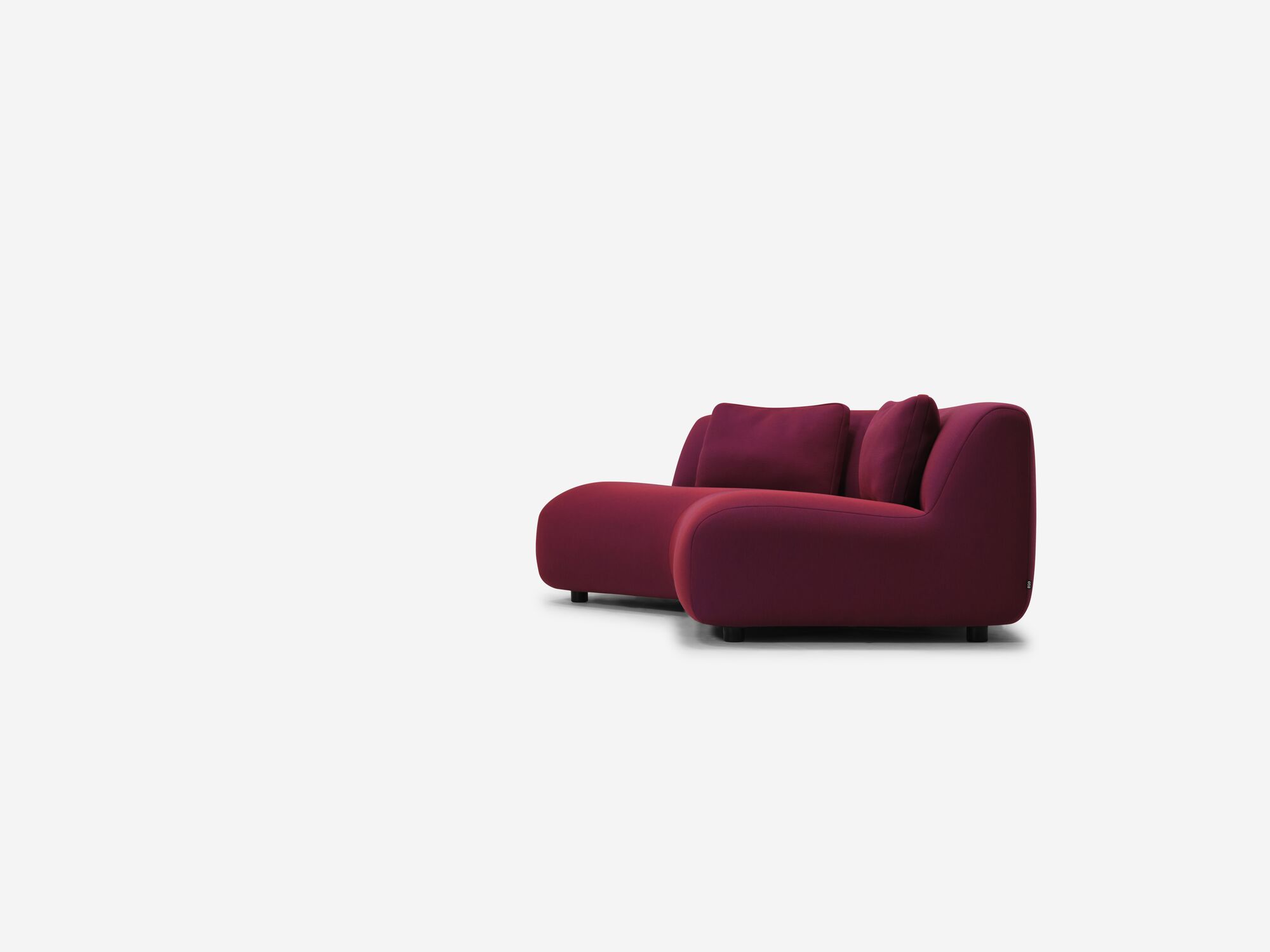 Right side view of red purple curved sofa