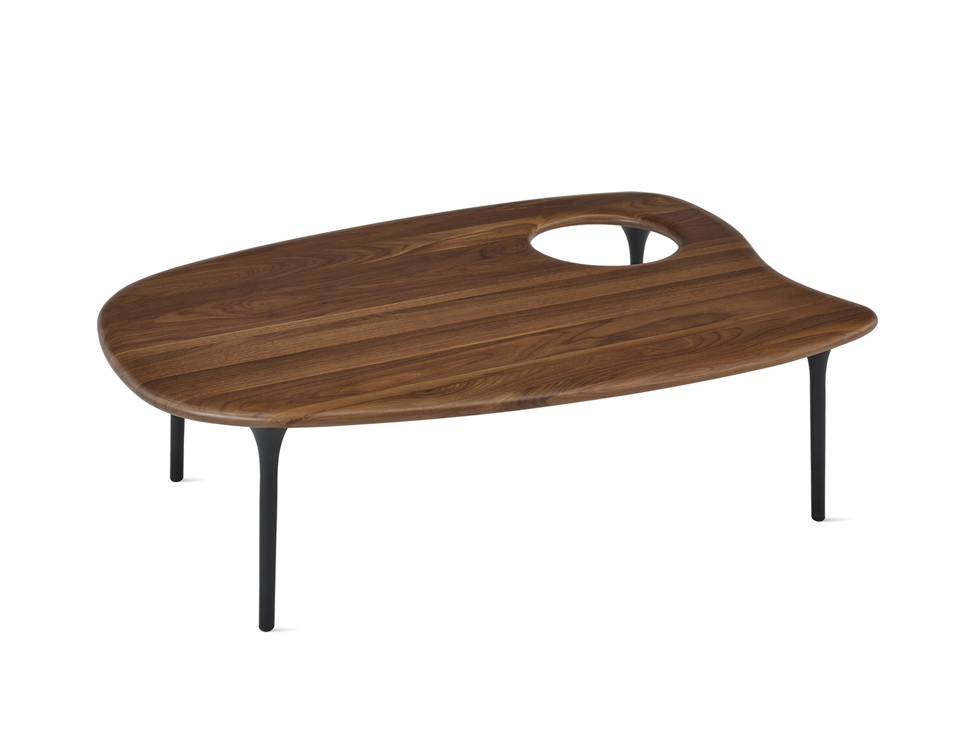 Front angle view of low walnut topped accent table
