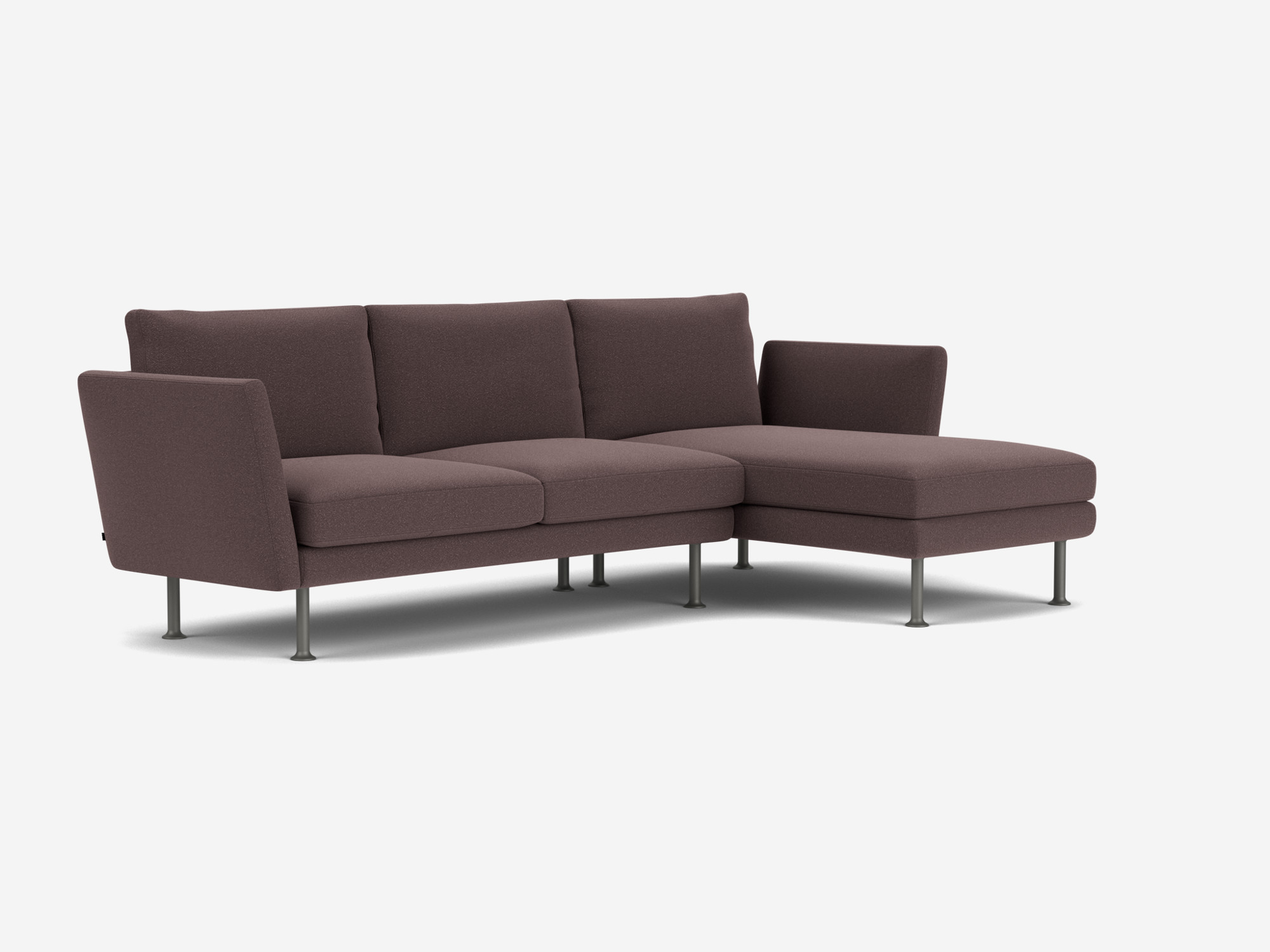 Brown sectional sofa with high arms and right facing chaise front angle view