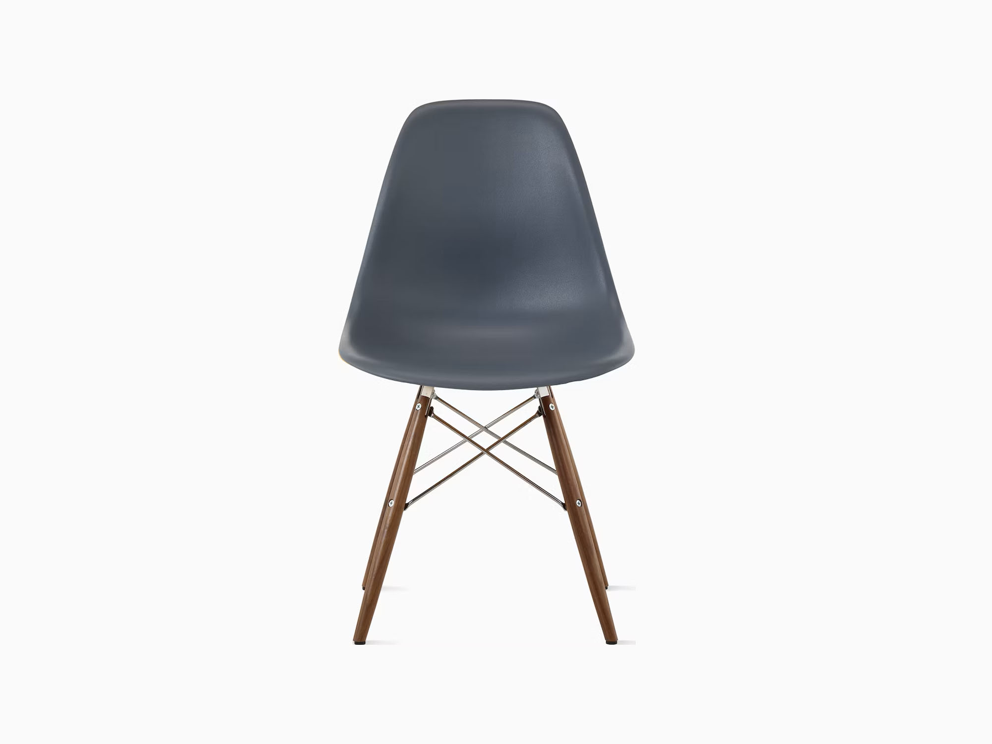 Front view of dark grey chair with walnut dowels