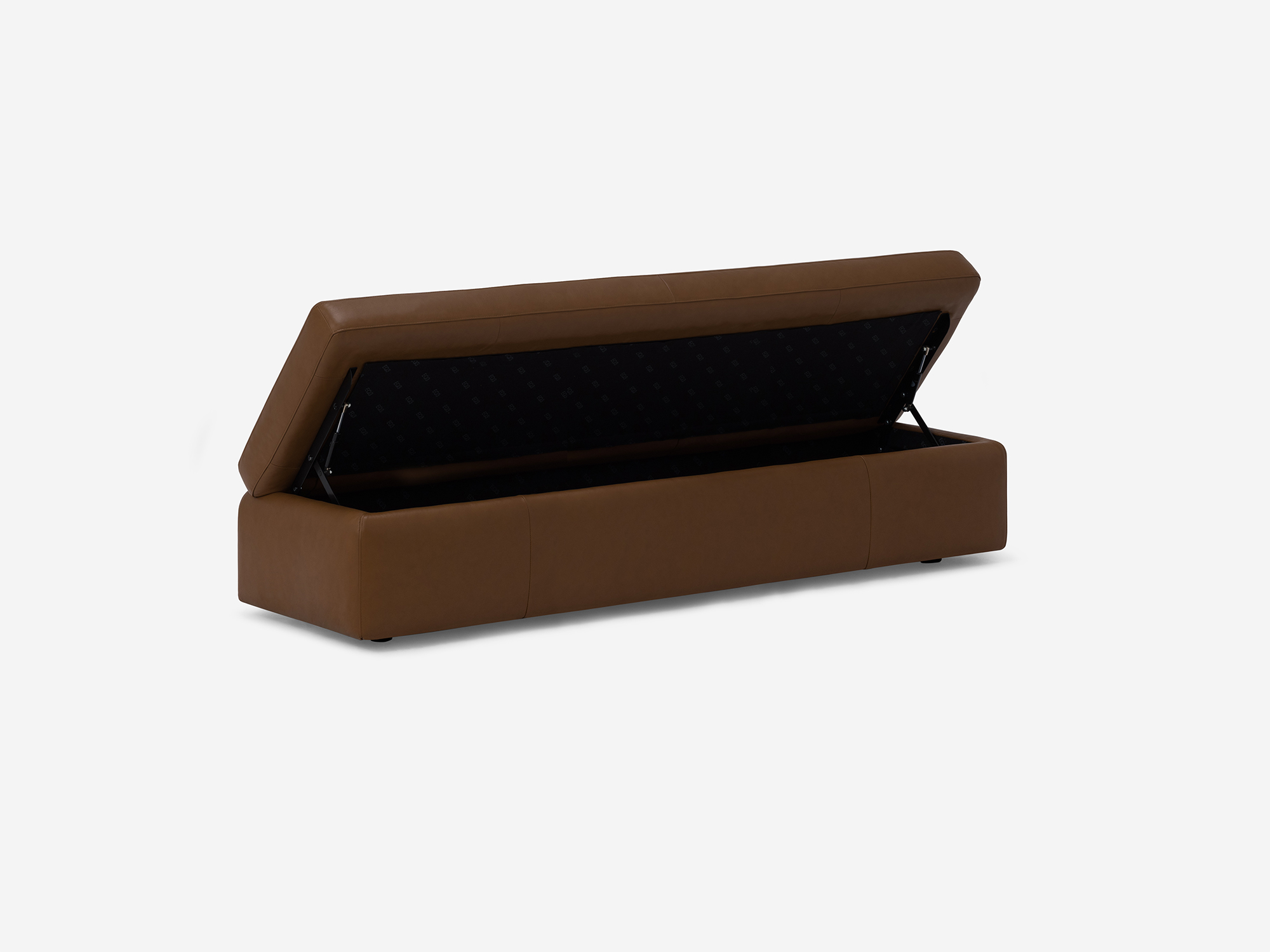 Angled view of the Cello large leather storage bench ottoman with open top