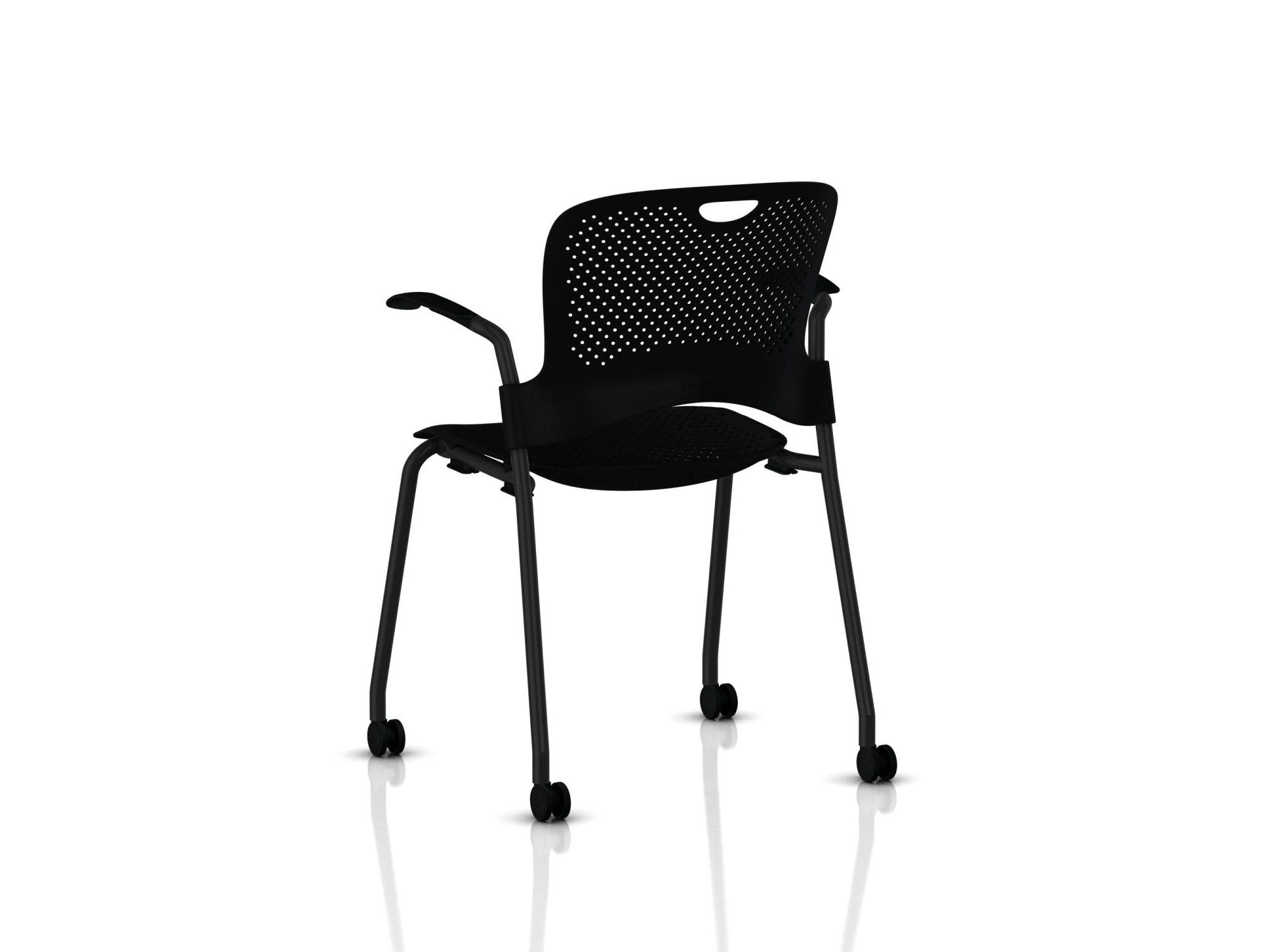 Black stackable hard floor braking caster armchair back angle view