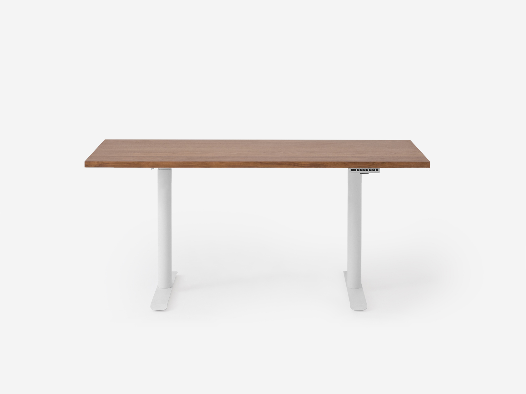 Walnut and white standing desk in low position