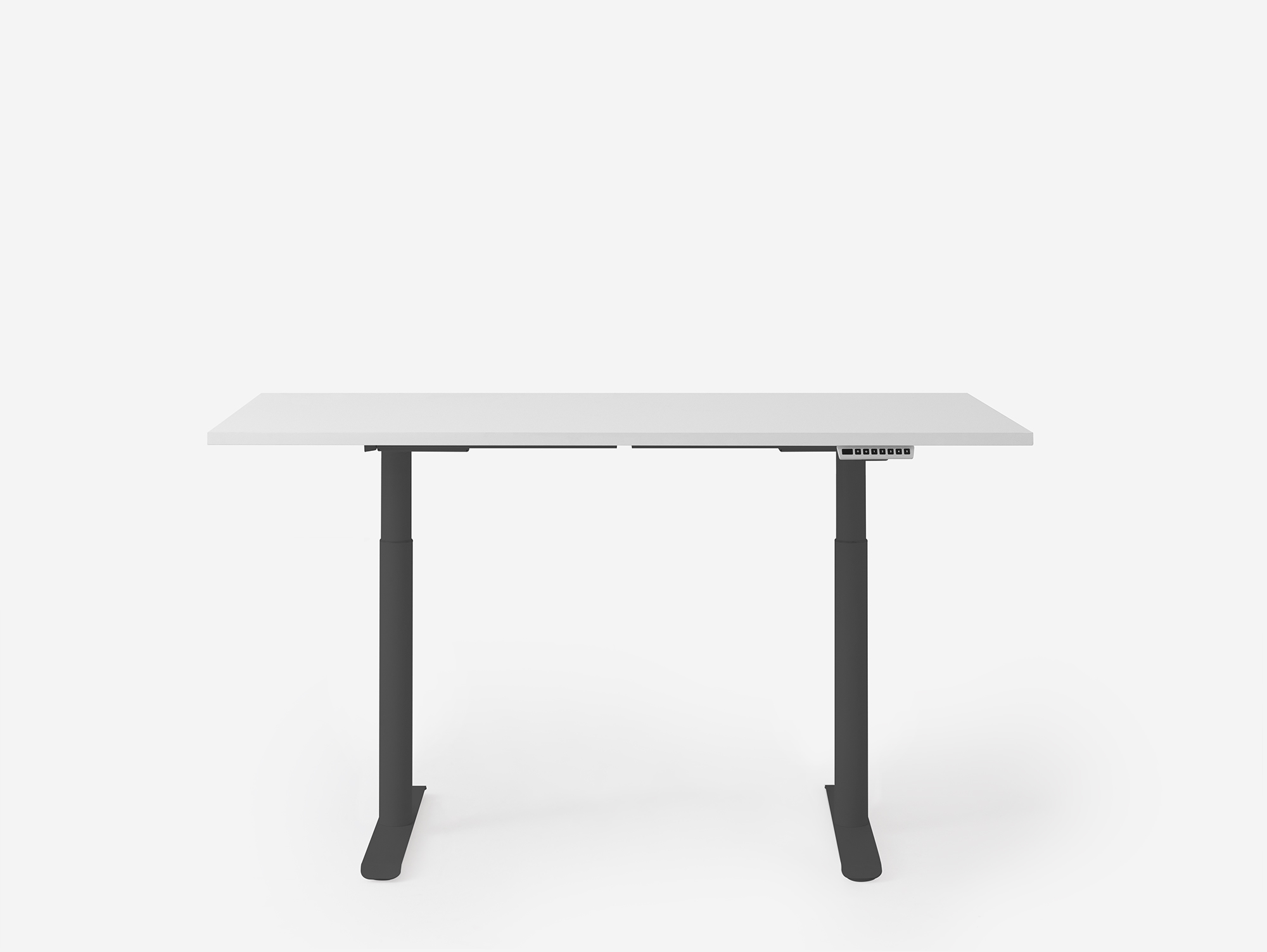 White and charcoal standing desk in mid position