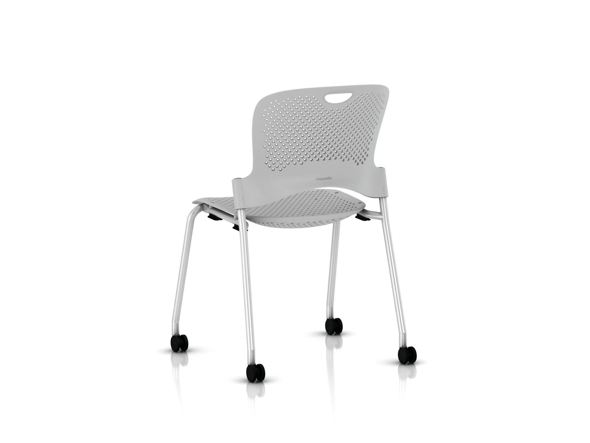 White stackable hard floor or carpet caster chair back angle view