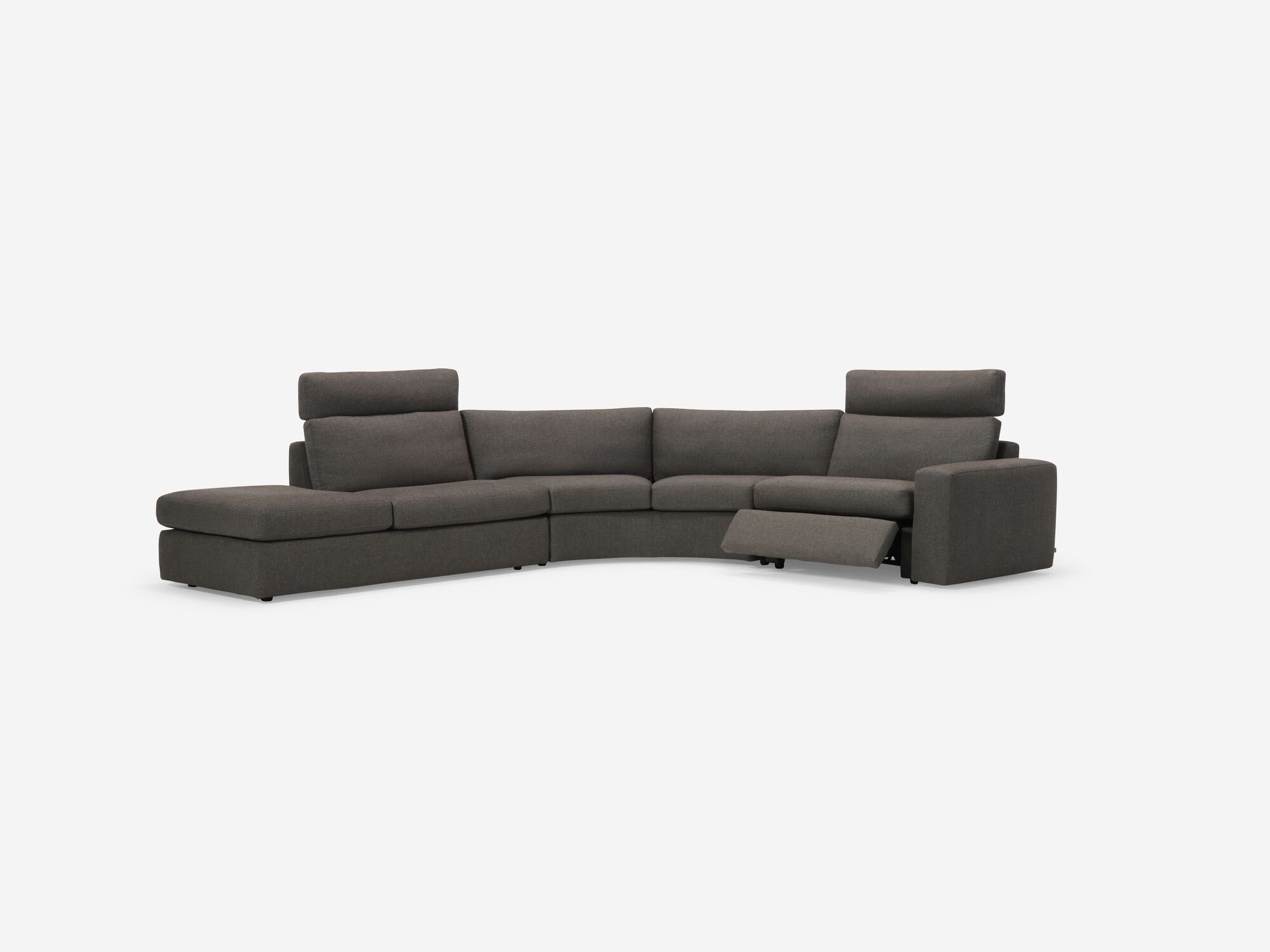 Partially reclined charcoal left hand facing reclining sectional front angle view