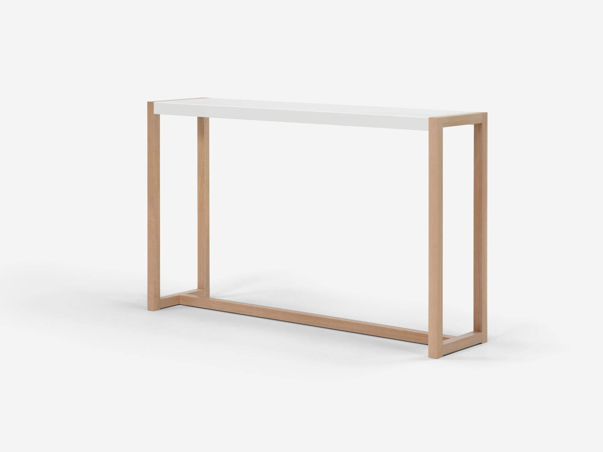 White and oak console table angle view