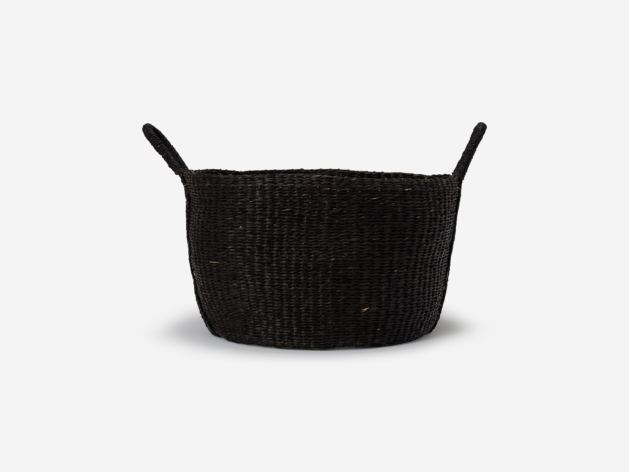 Side view of large black woven basket with loops