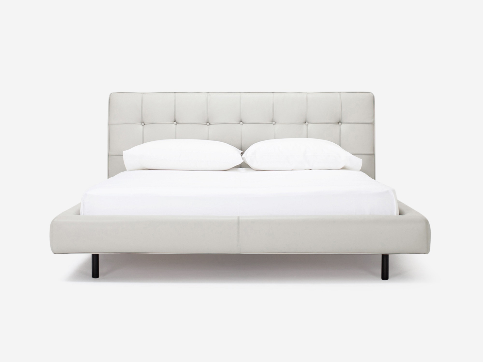 Front view of Winston, the mid century modern bed, in pale grey leather