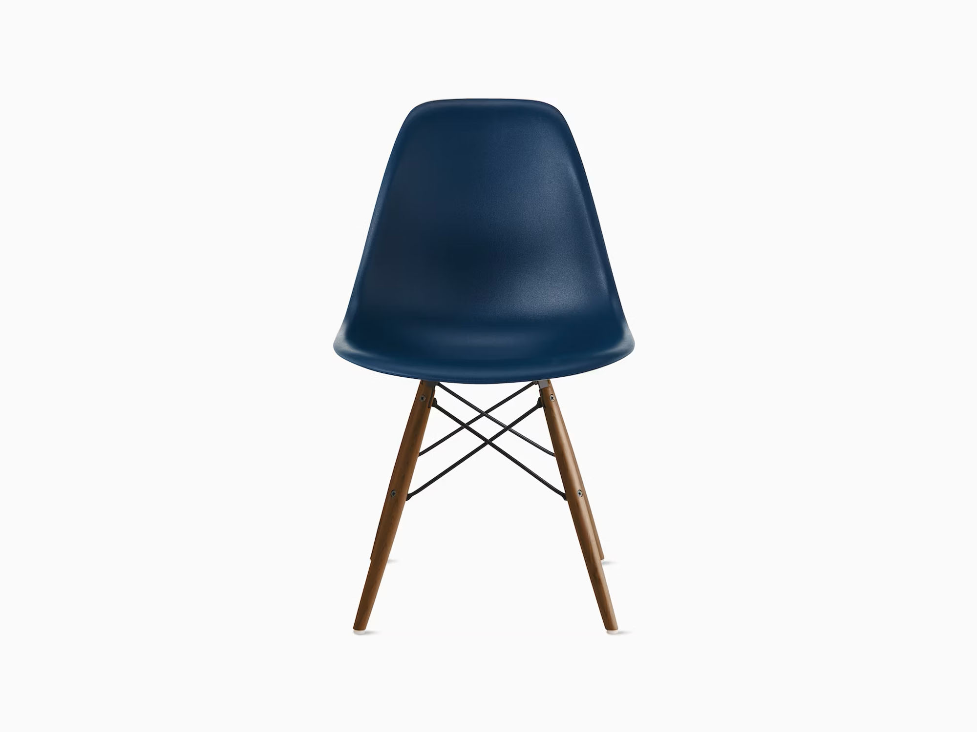 Front view of dark blue chair with maple dowels