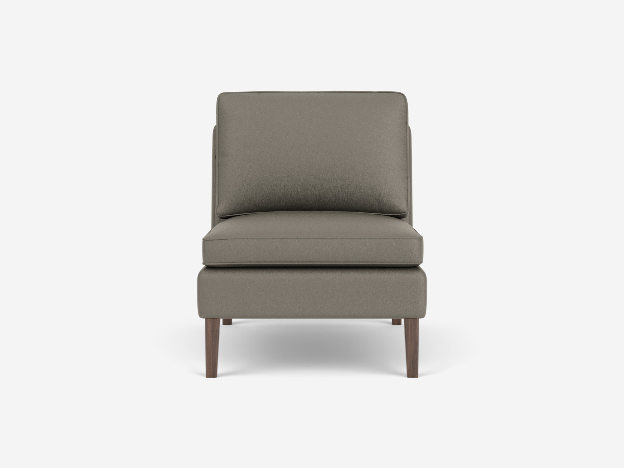 Front view of the Skye mid century modern armless chair in grey leather