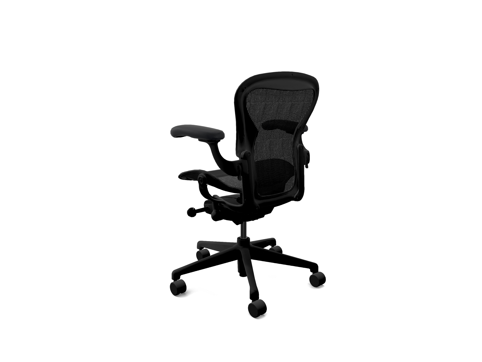 Back right corner view of the Aeron basic Herman Miller office chair in onyx with onyx base