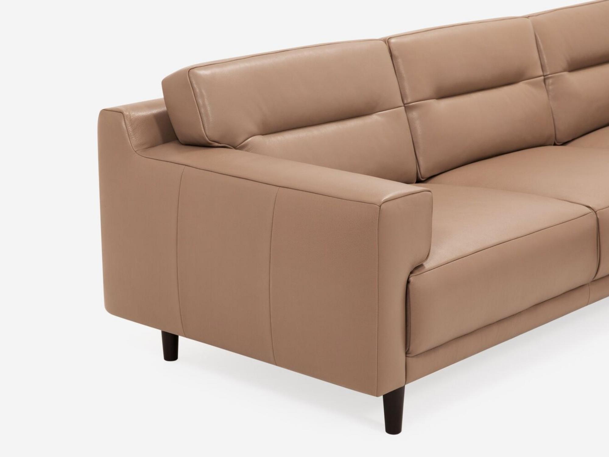 Detail view of the Remi 101" modern sectional sofa with horizontal pull in beige leather