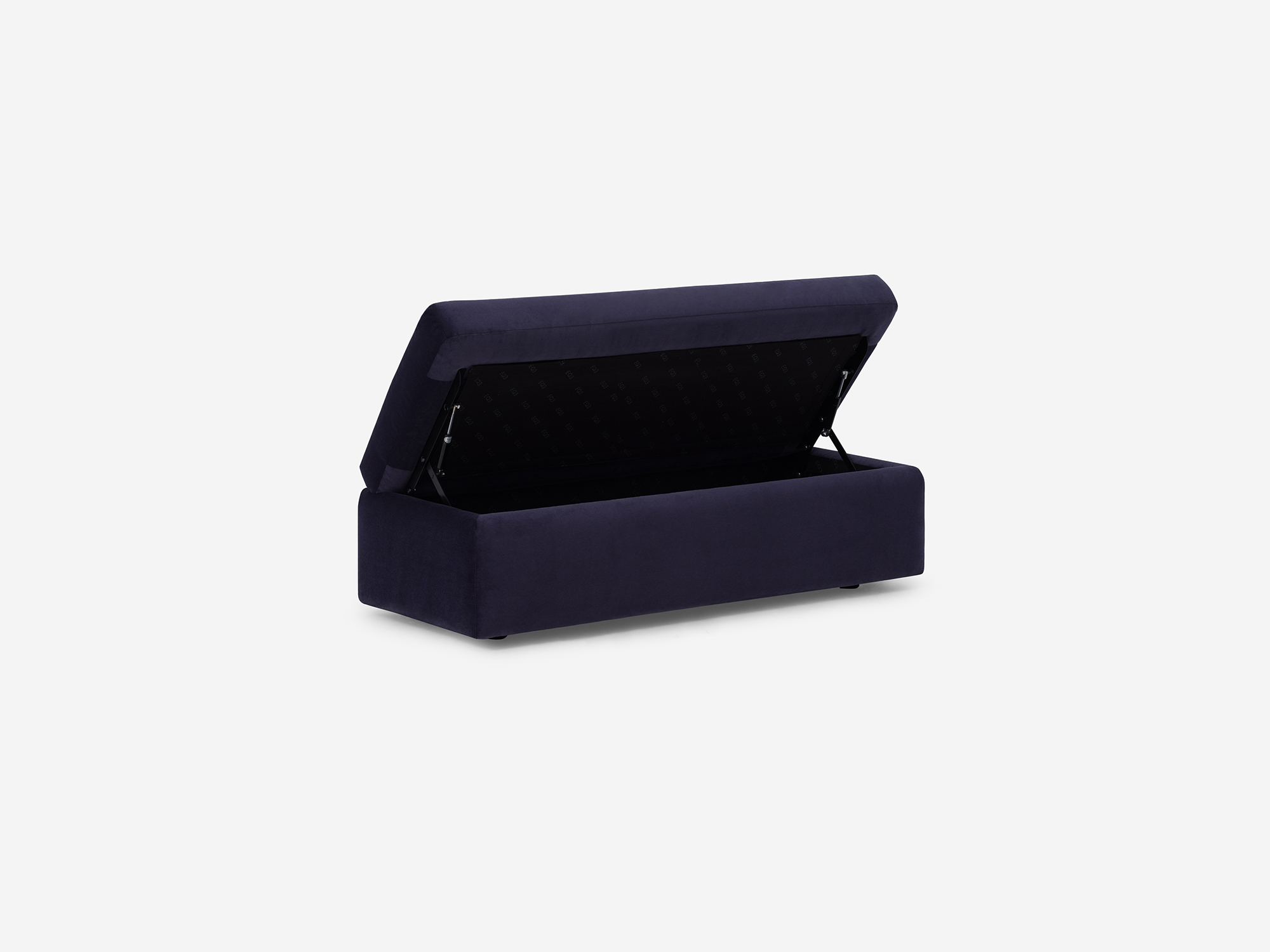 Angled view of the Cello small velvet storage bench ottoman with top open