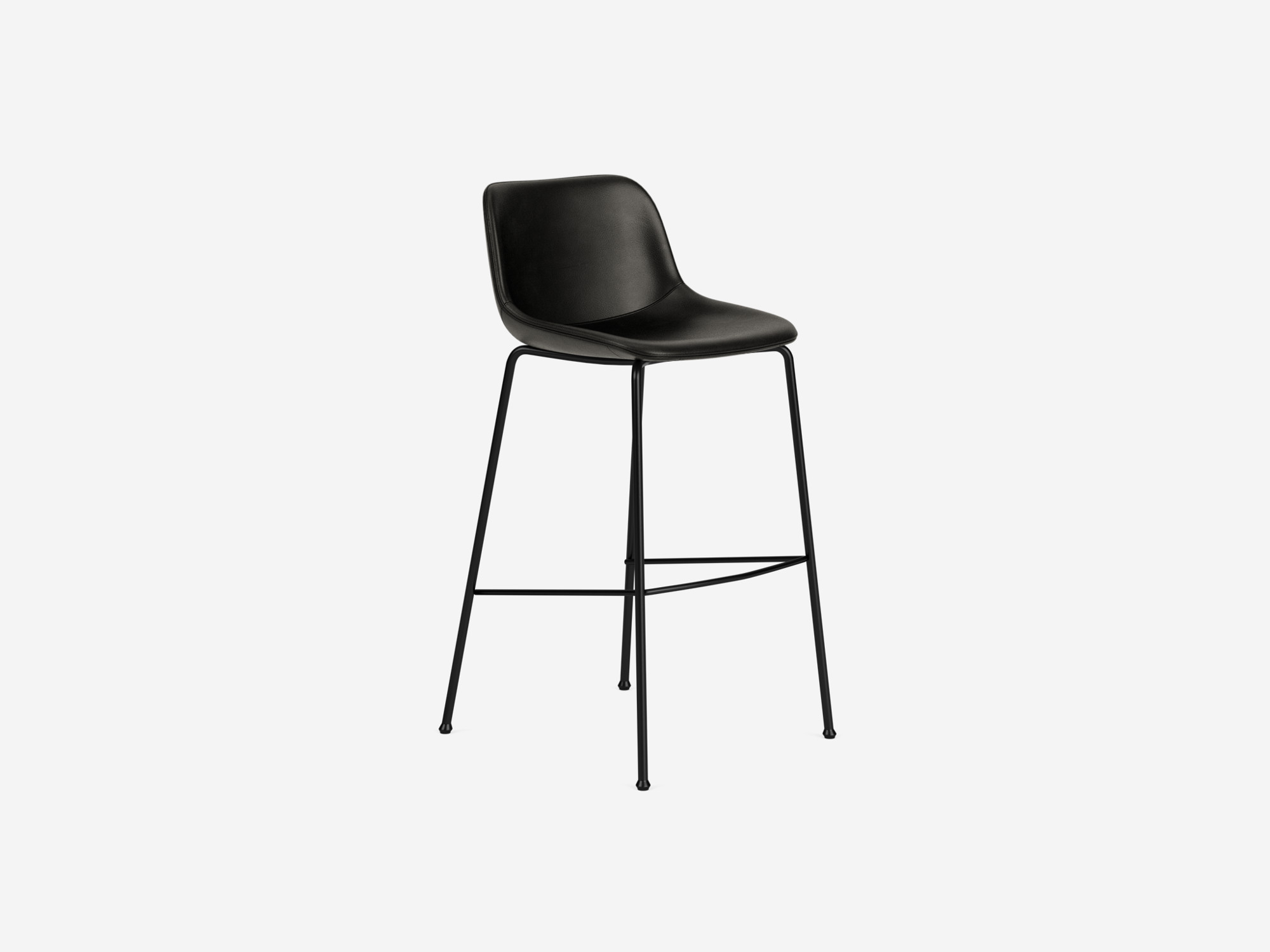 Front angled view of the Oles counter height bat stool with black synthetic leather seat