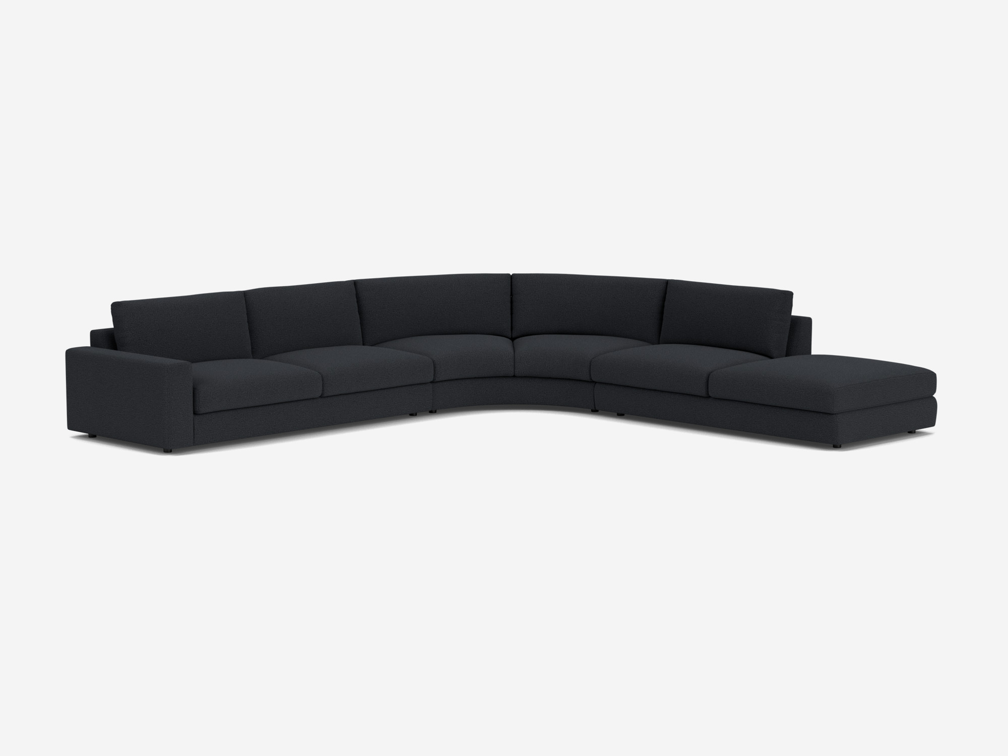 Front angle view of right hand facing black curved sectional sofa