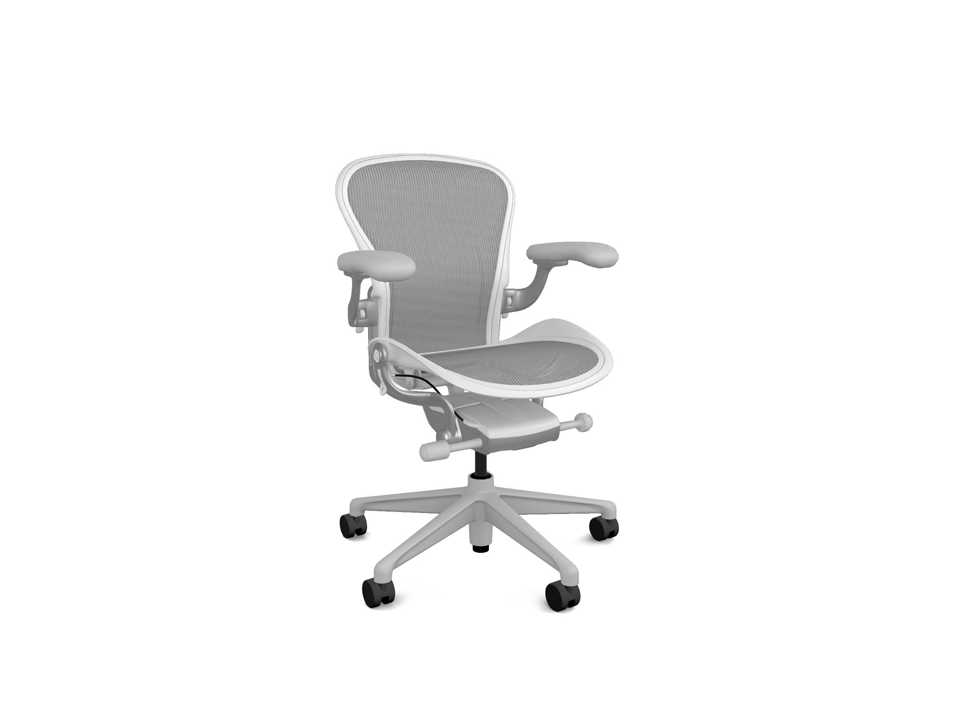 Front right corner view of the Aeron basic Herman Miller office chair in mineral with mineral base