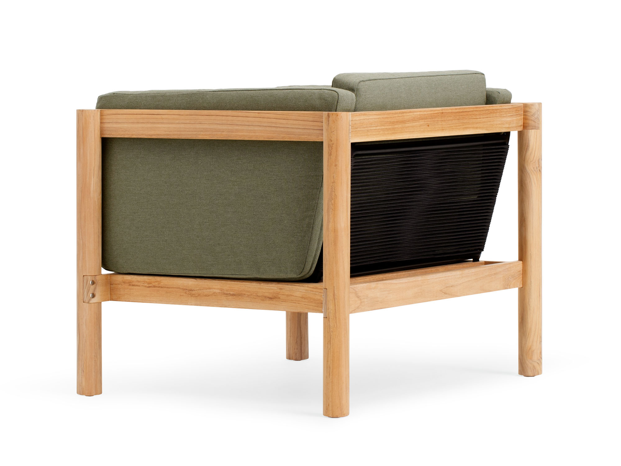 Back angle view of outdoor armchair with green cushions and wood legs