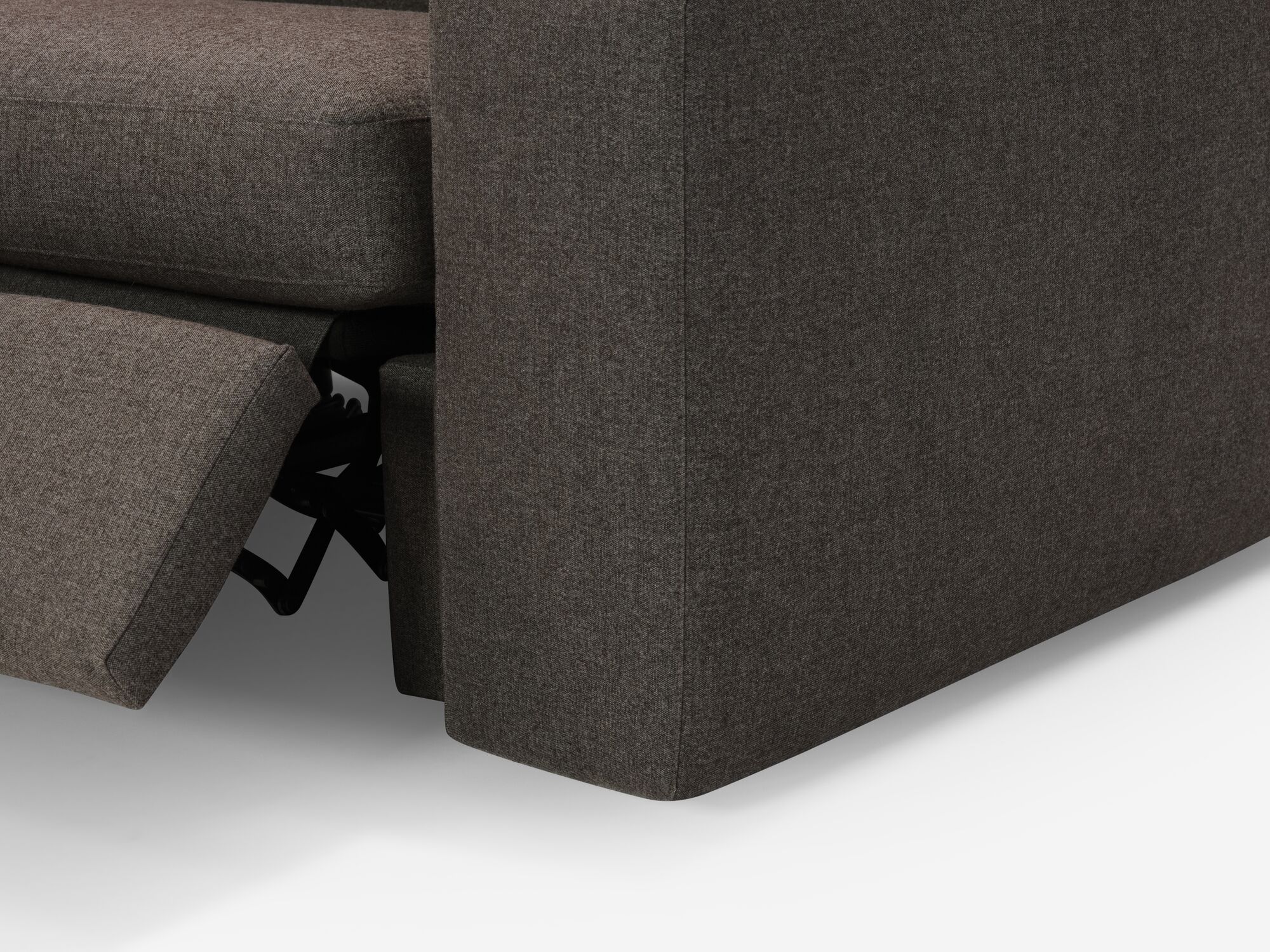 Leg detail view of charcoal reclining sectional with seat reclined