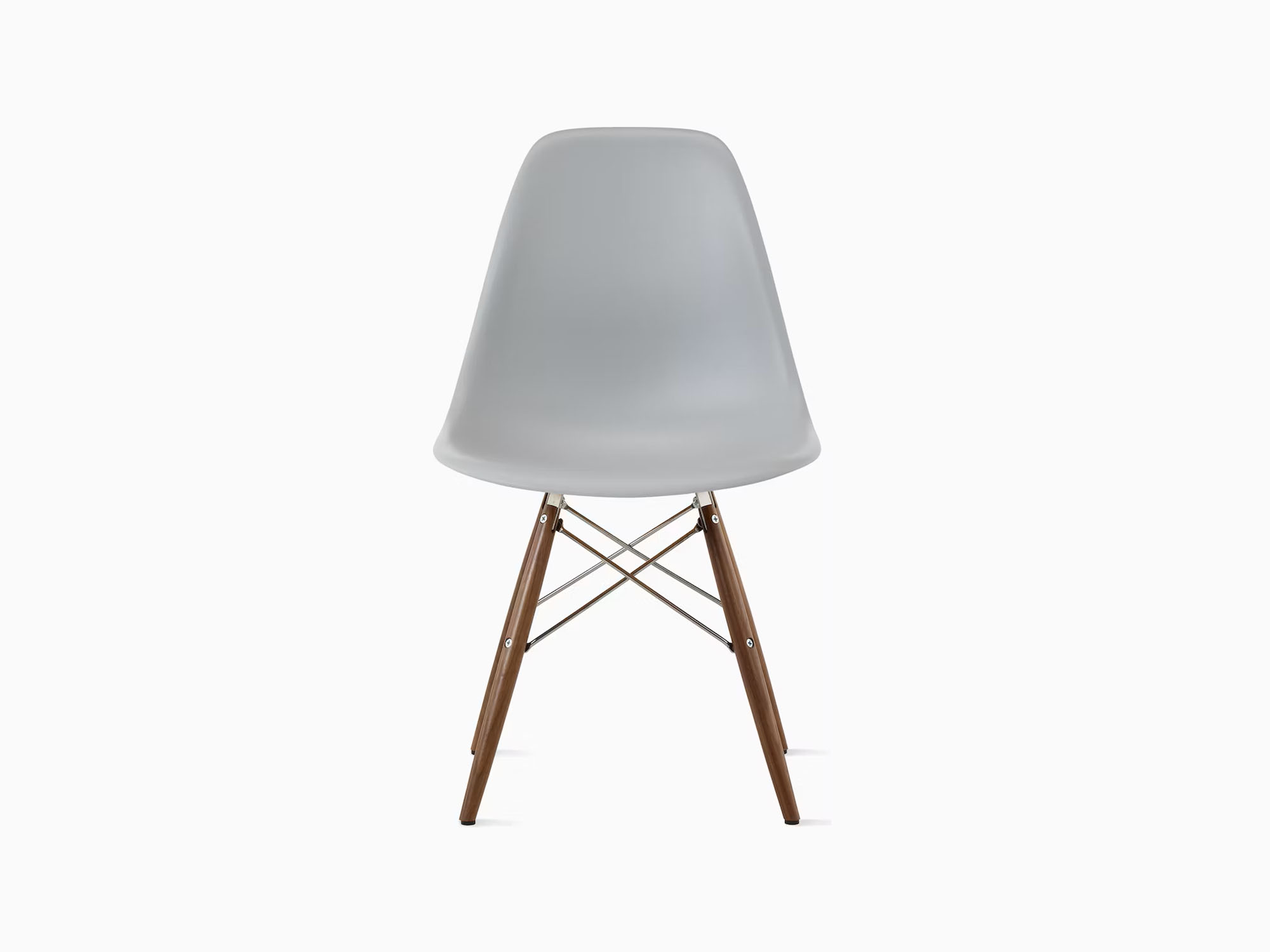 Front view of light grey chair with walnut dowels