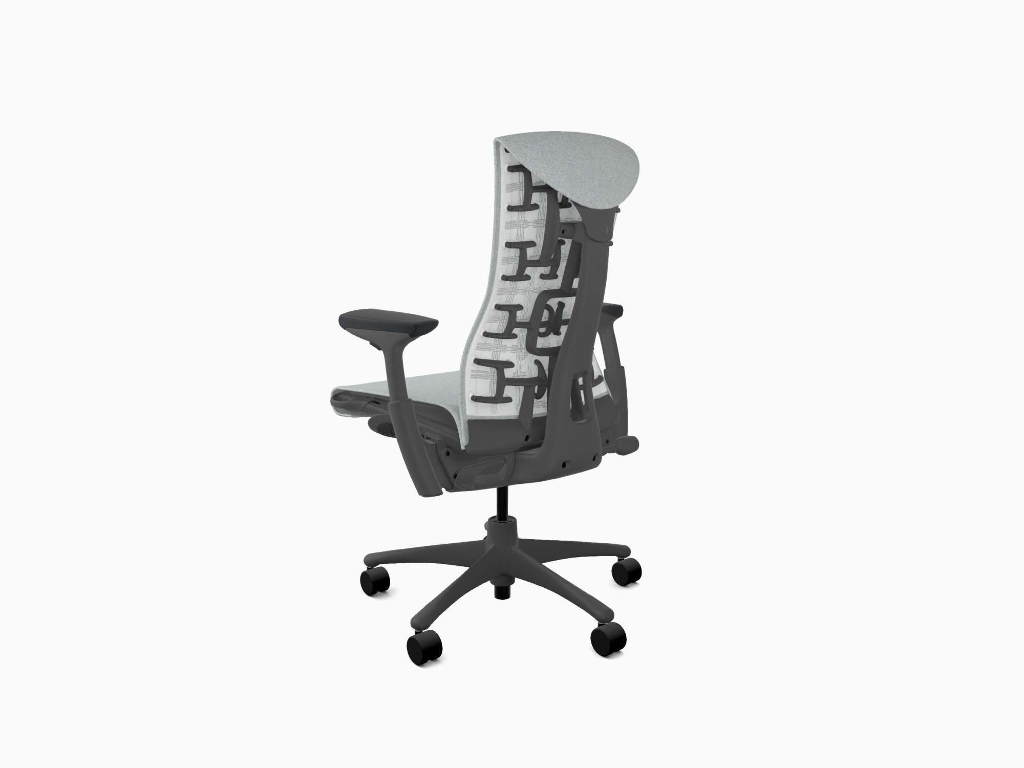 Back angle view of Herman Miller Embody office chair in Sync Dark Mineral