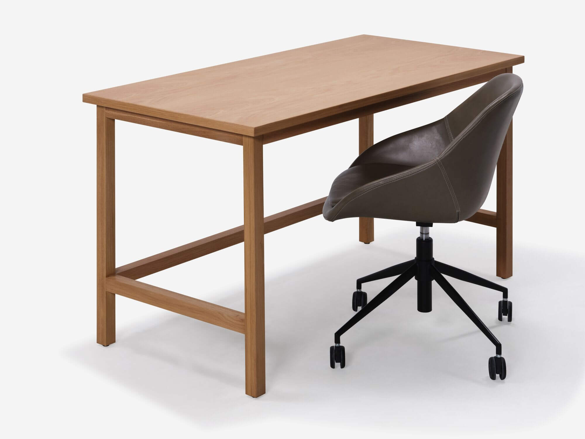 Oak desk with leather office chair front angle view