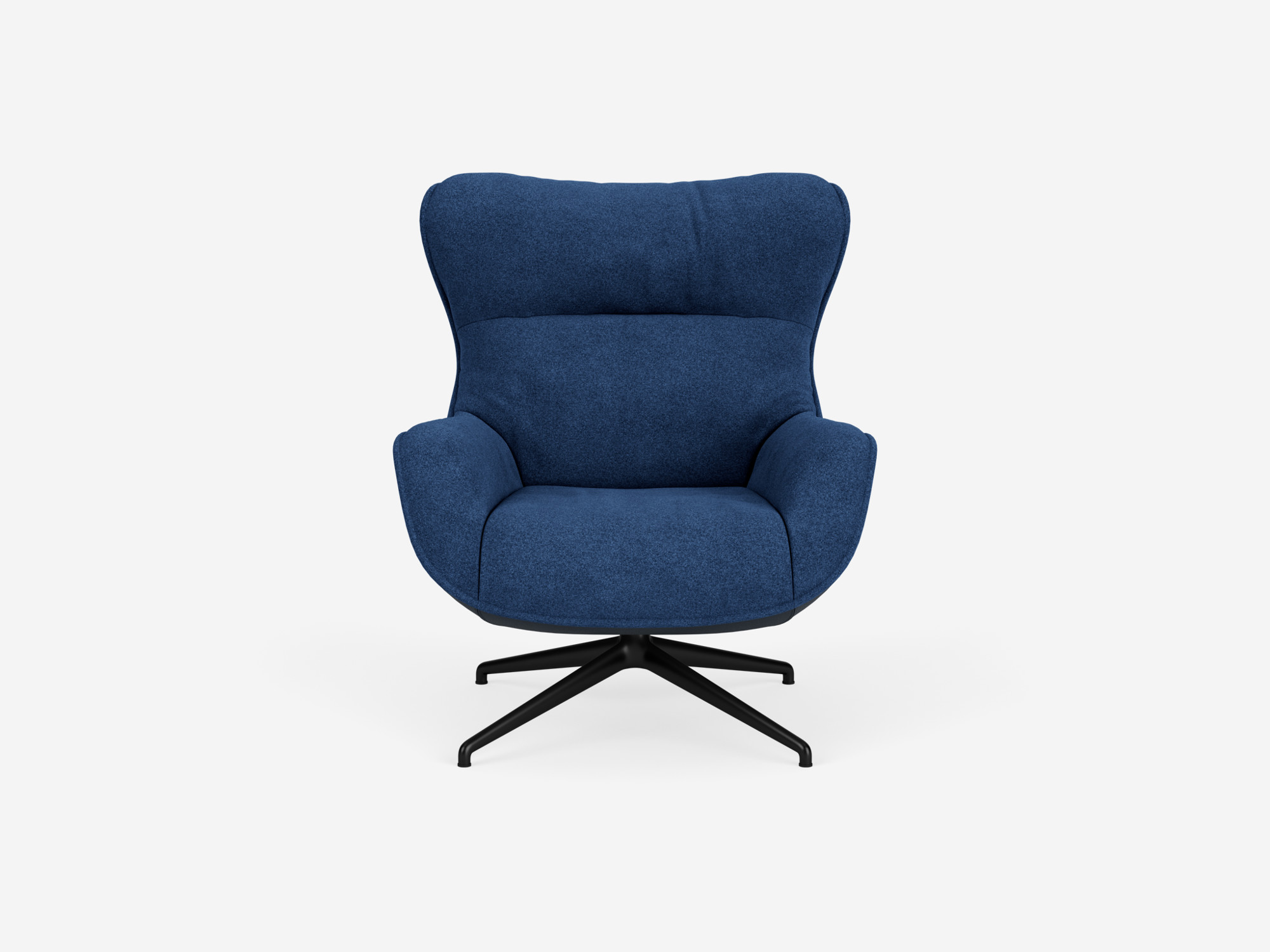 Front view of blue custom upholstered swivel chair