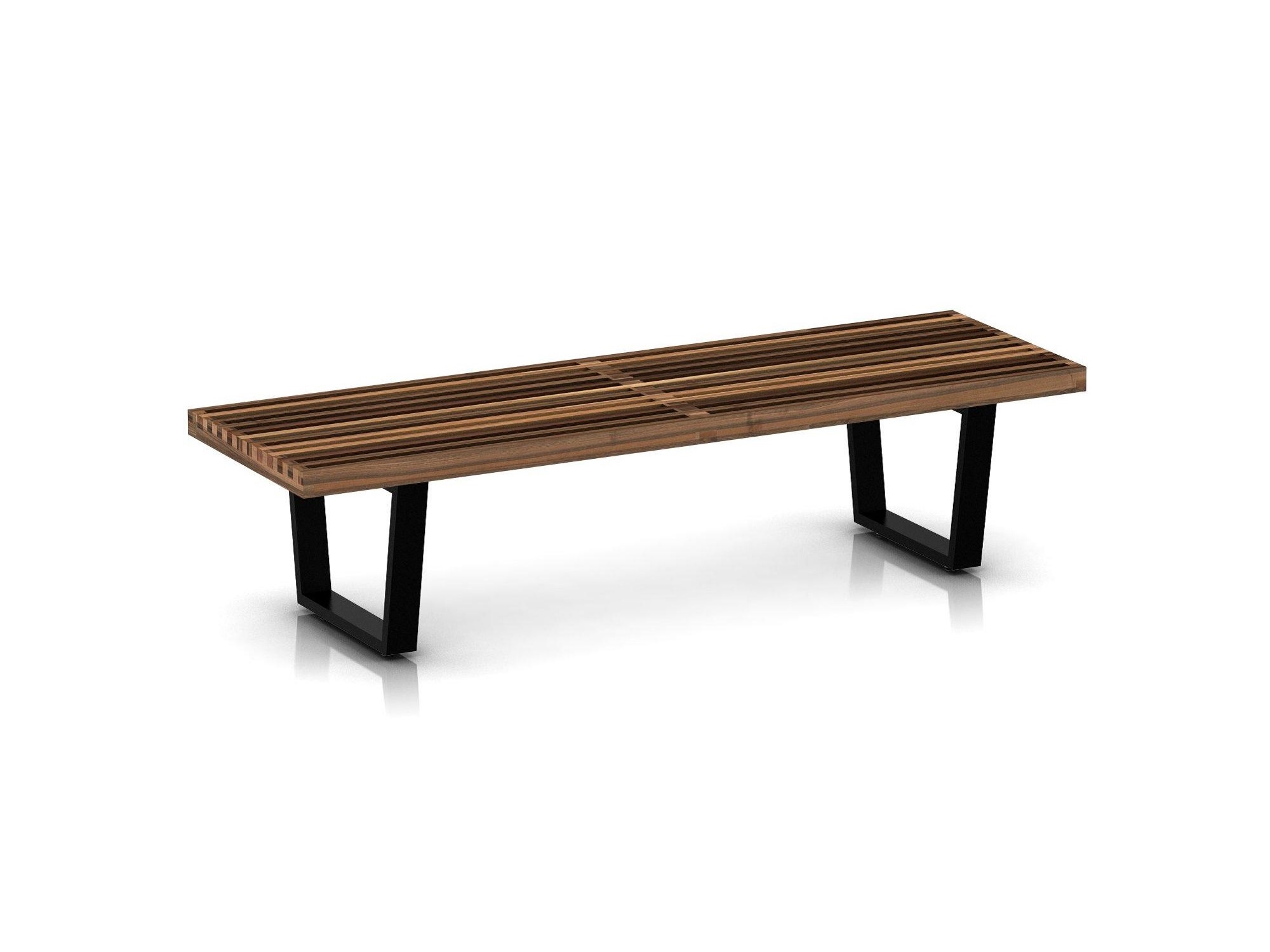 Left angle view of medium walnut bench with wood legs