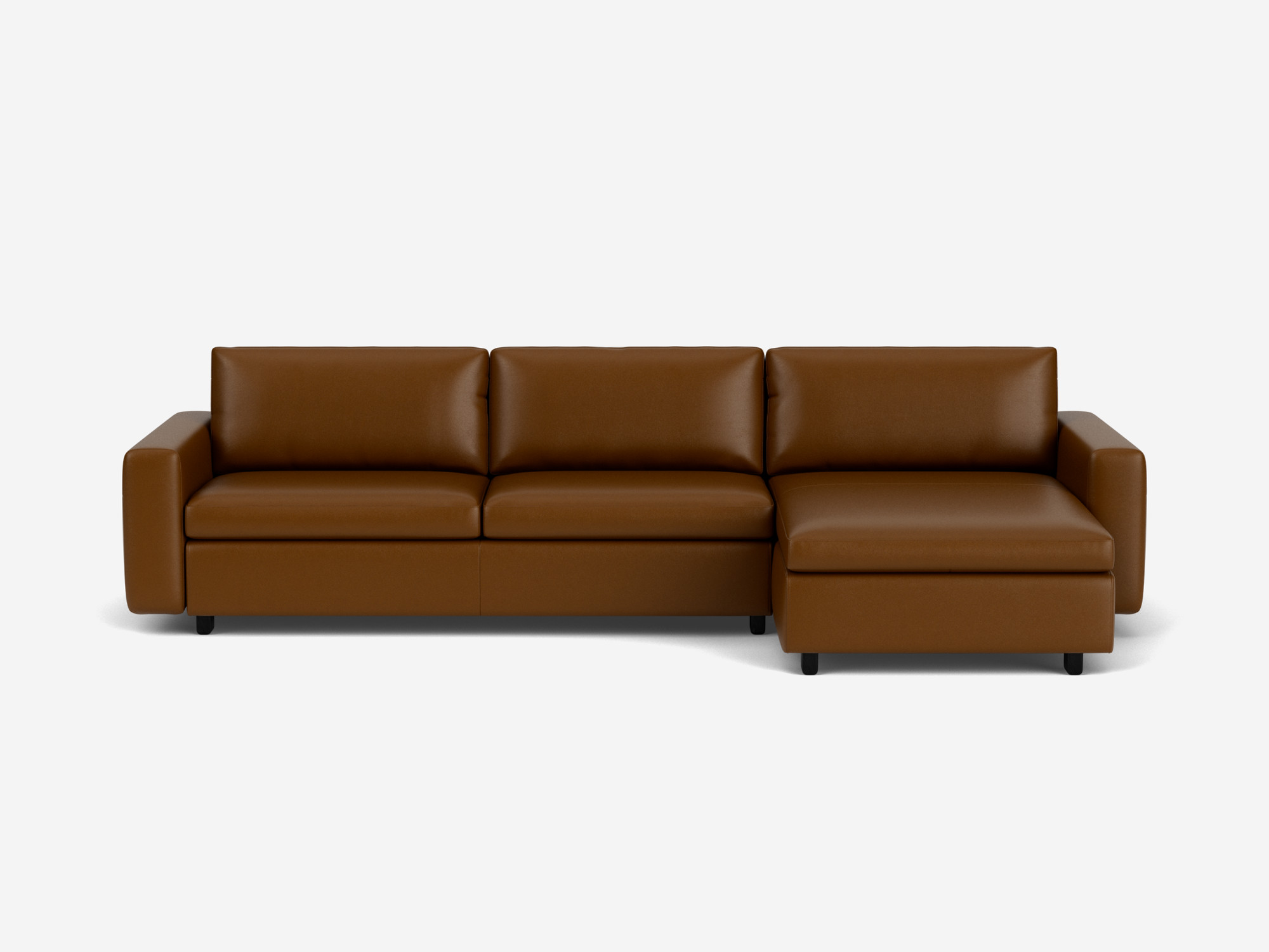 Front view of the brown leather Reva modern sectional with right hand facing chaise