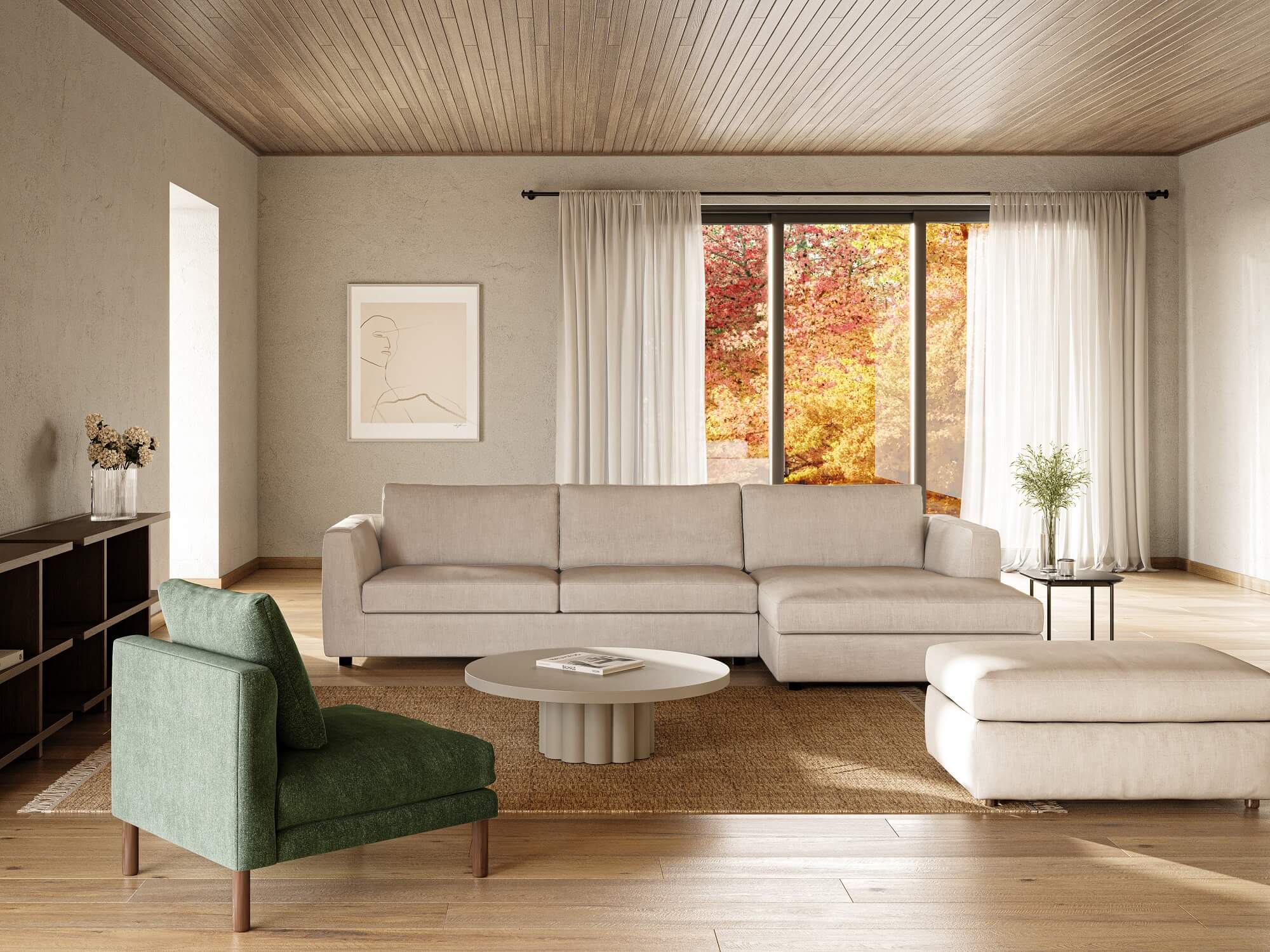 Round white sculptural coffee table in minimalist living room