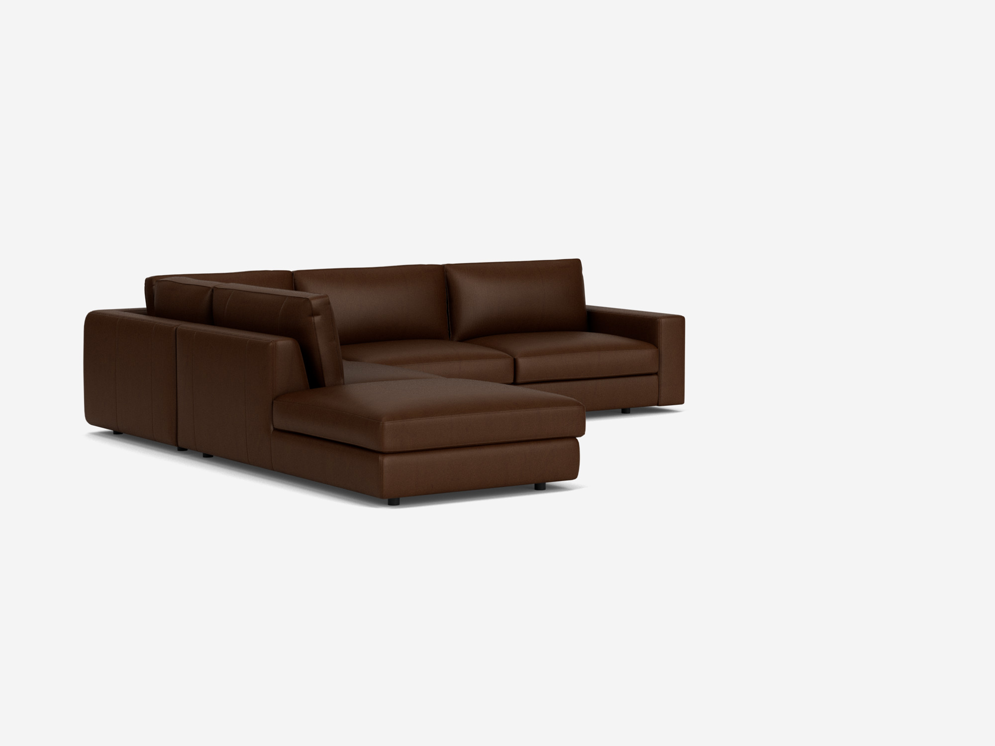 Corner view of the Cello modern sectional couch in dark brown leather with left hand backless chaise