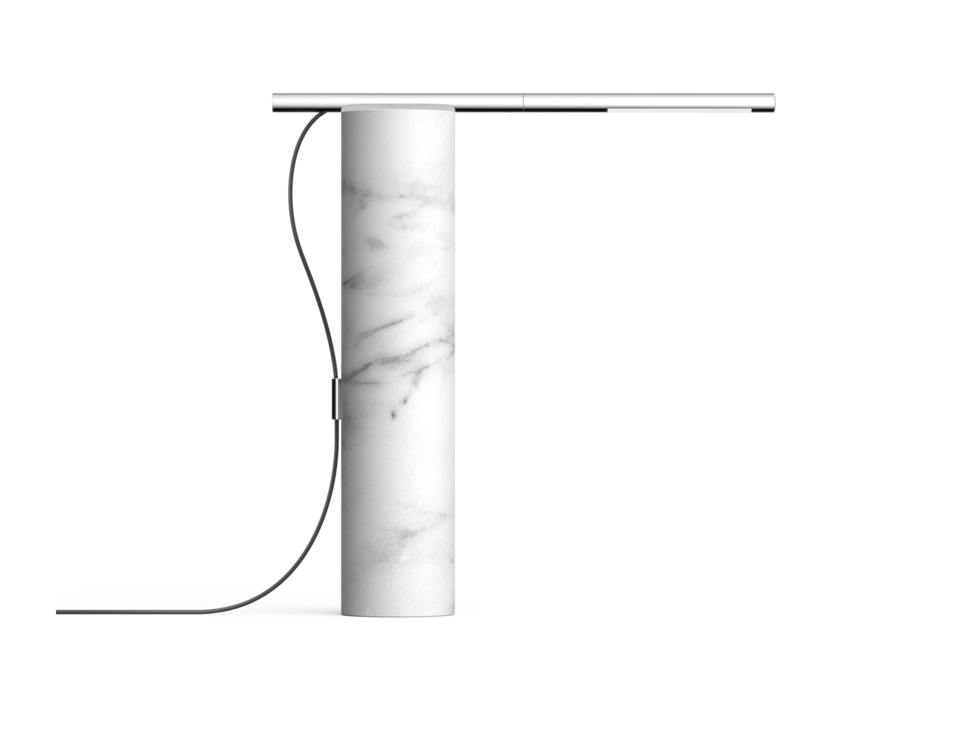 Side view of white marble and stainless steel table lamp