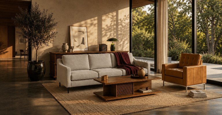 A light grey fabric sofa is shown in an open space living room. Link to select upholstery sale page