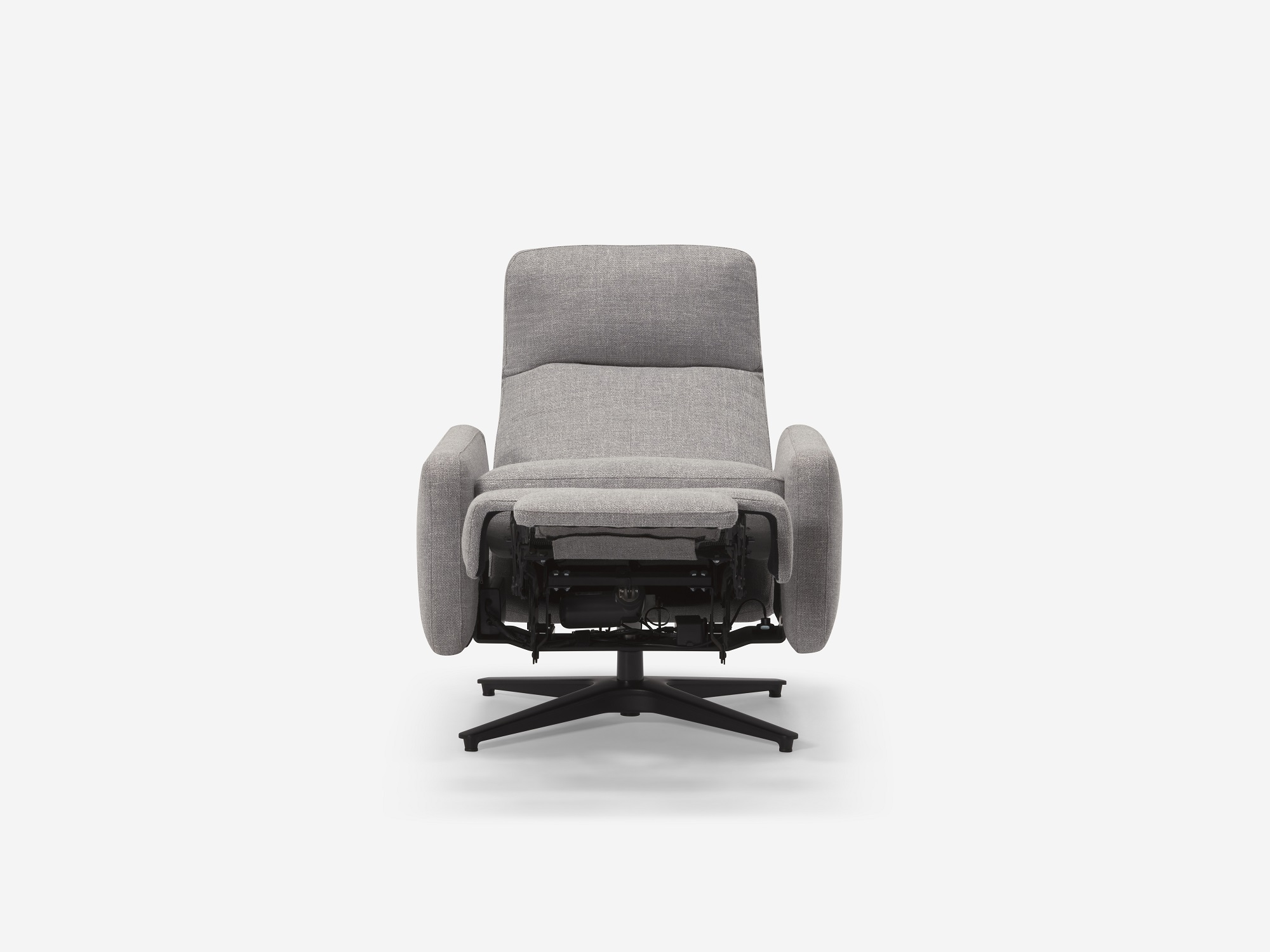 Front view of grey fabric reclining chair with seat reclined