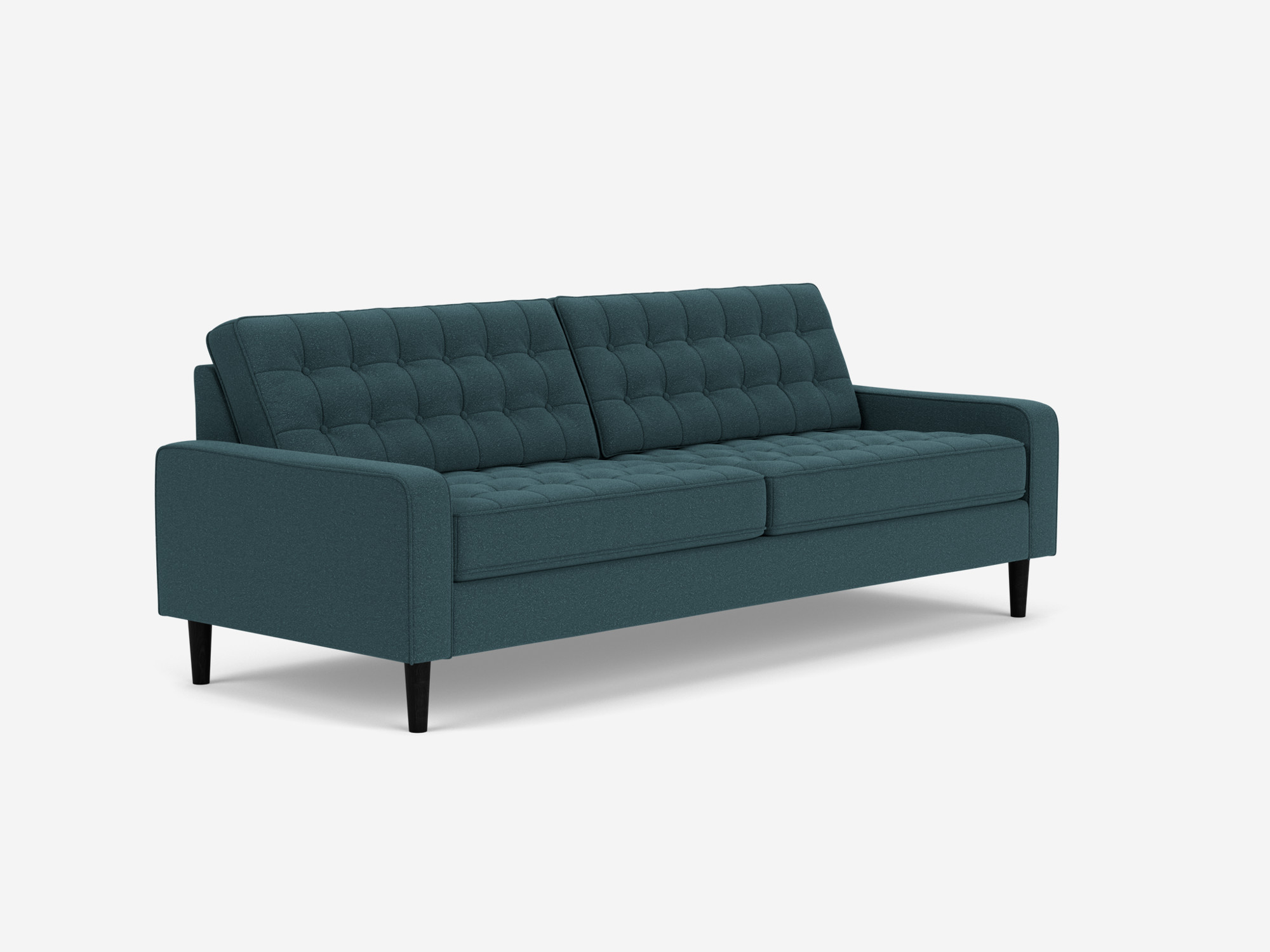 Corner view of our mid century modern sofa, the Reverie 86", upholstered in blue fabric