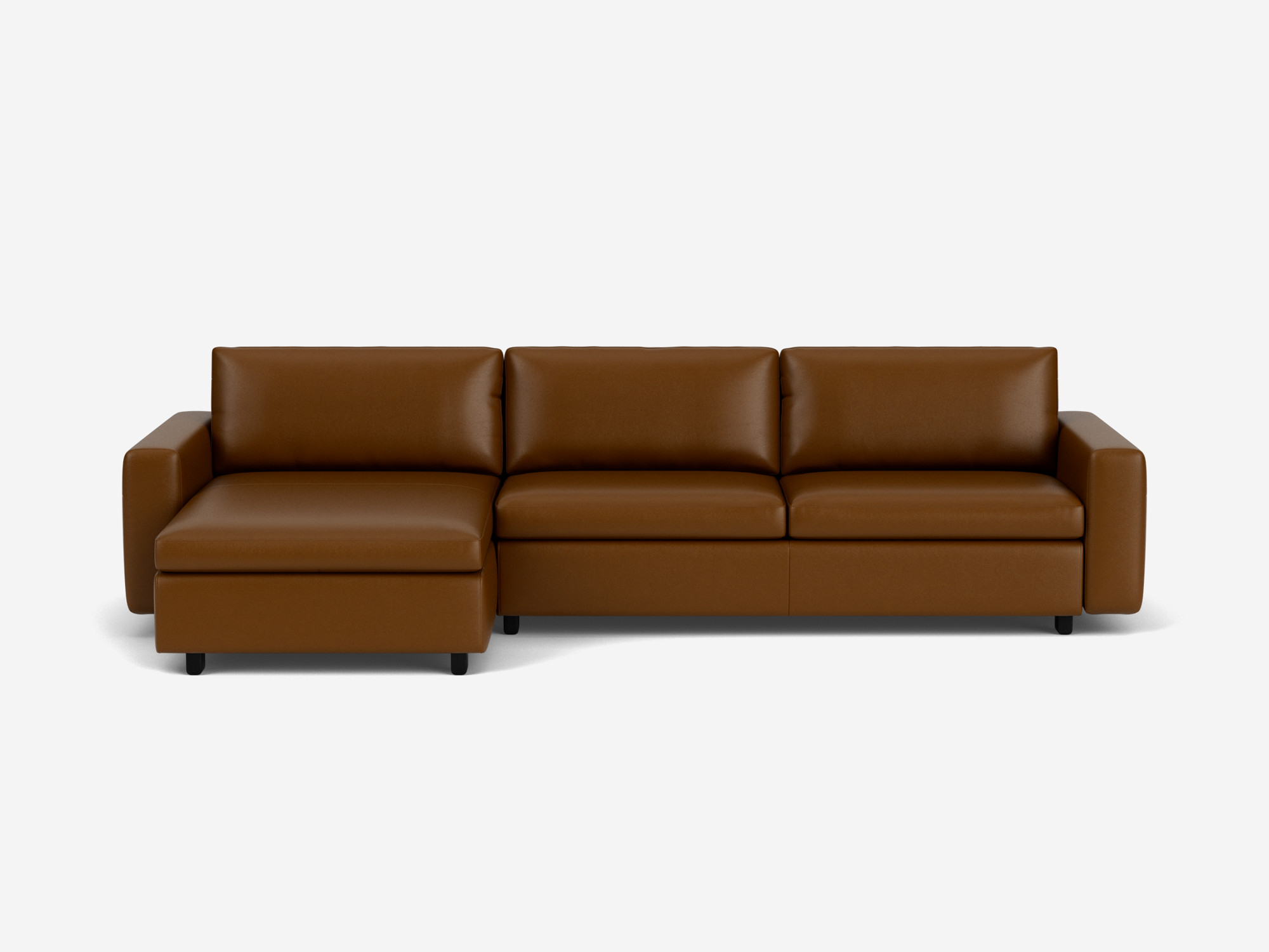 Front view of the brown leather Reva modern sectional with left hand facing chaise