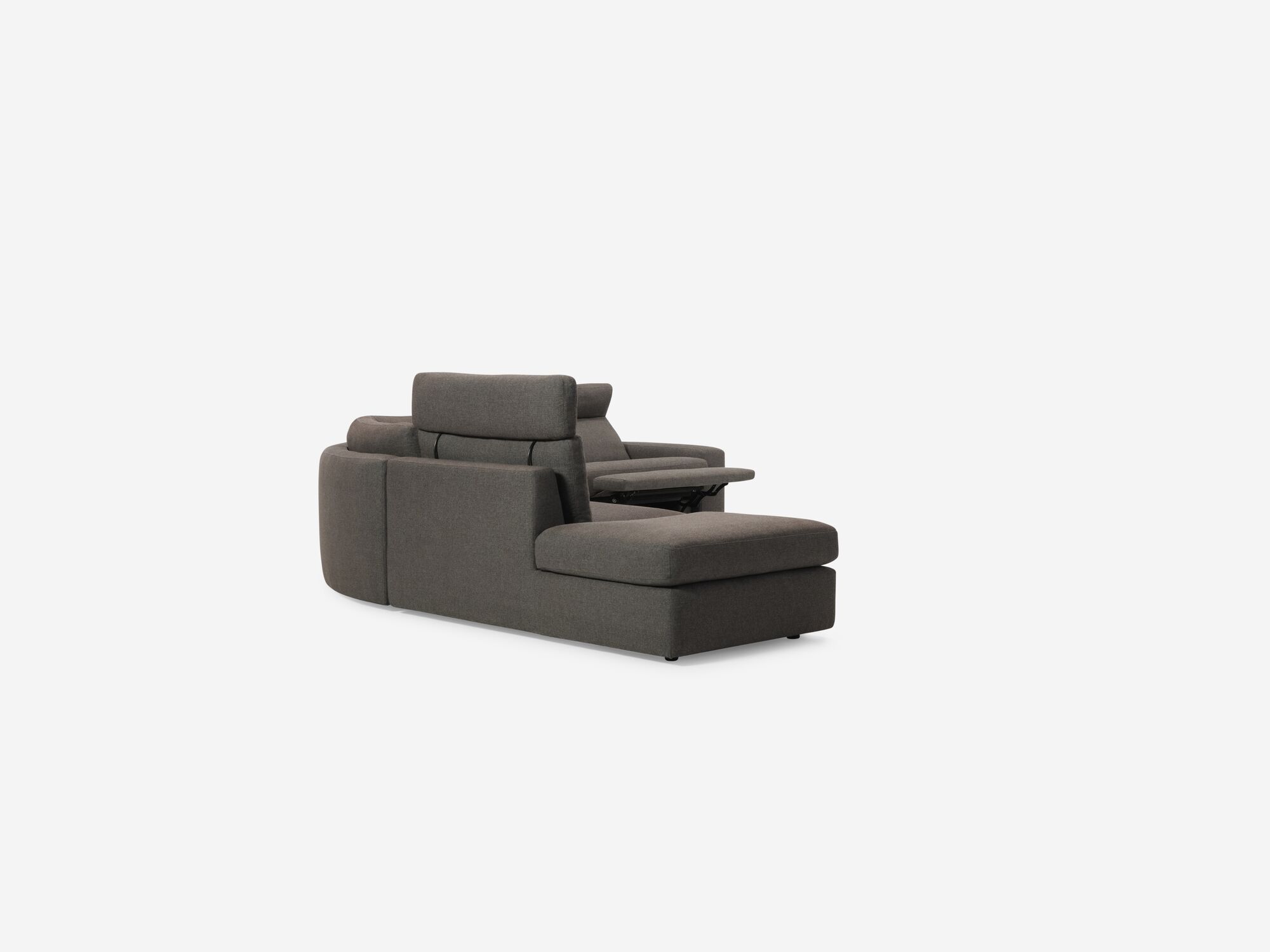 Charcoal left hand facing reclining sectional with seat reclined corner view