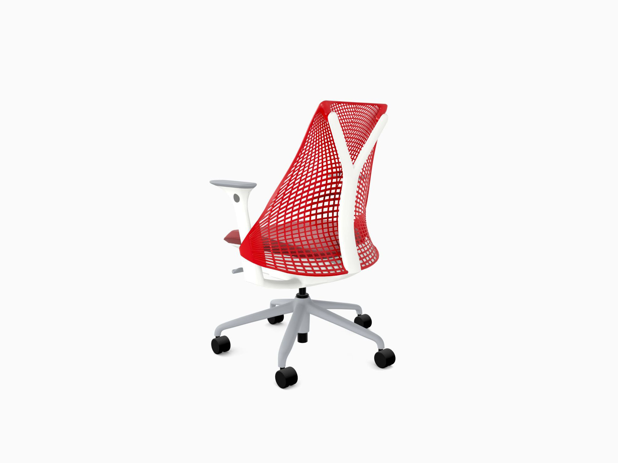 Herman Miller office chair with fog base in crepe cherry back angle view