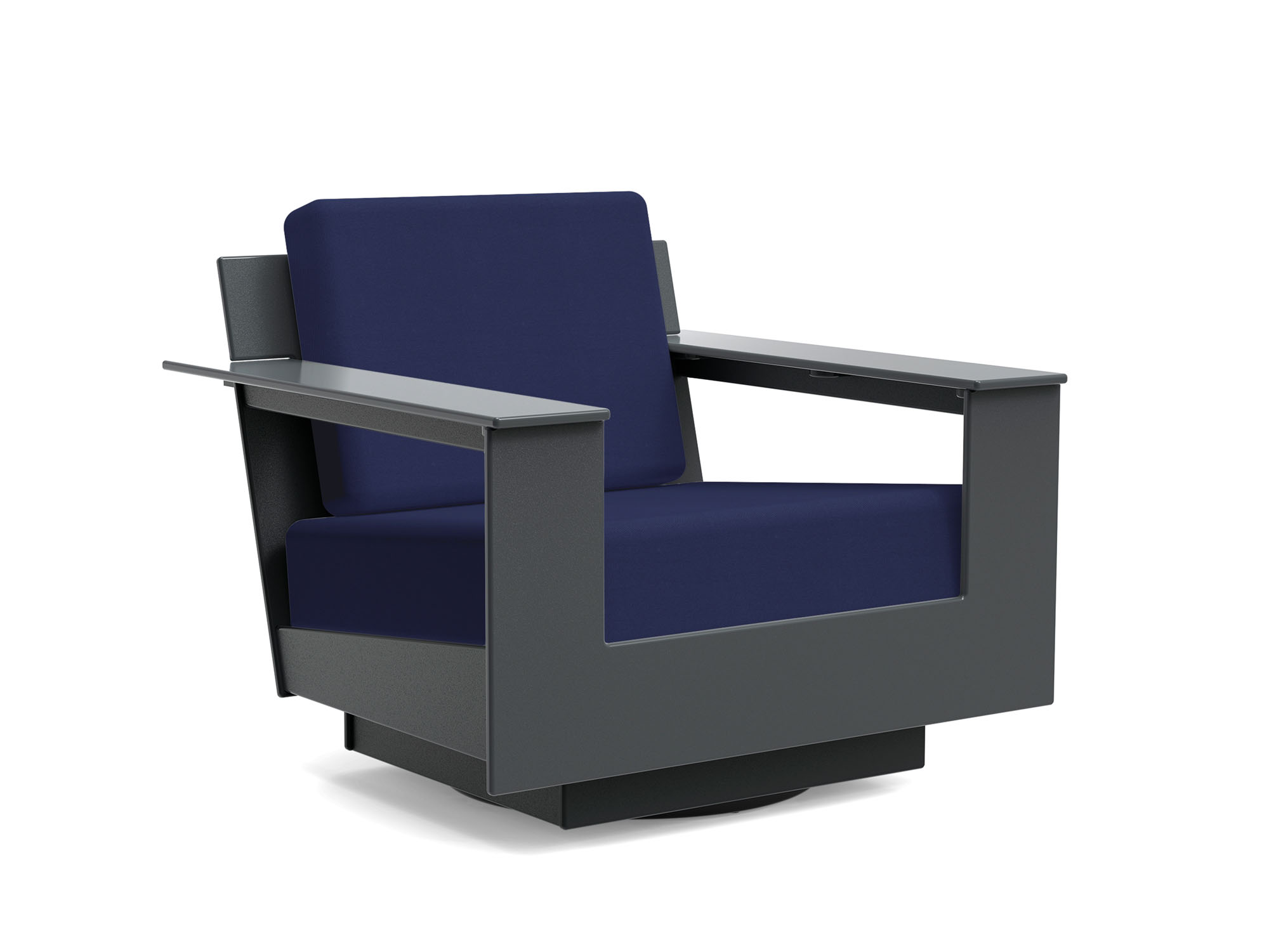 Dark grey and dark blue swivel outdoor lounge chair front angle view