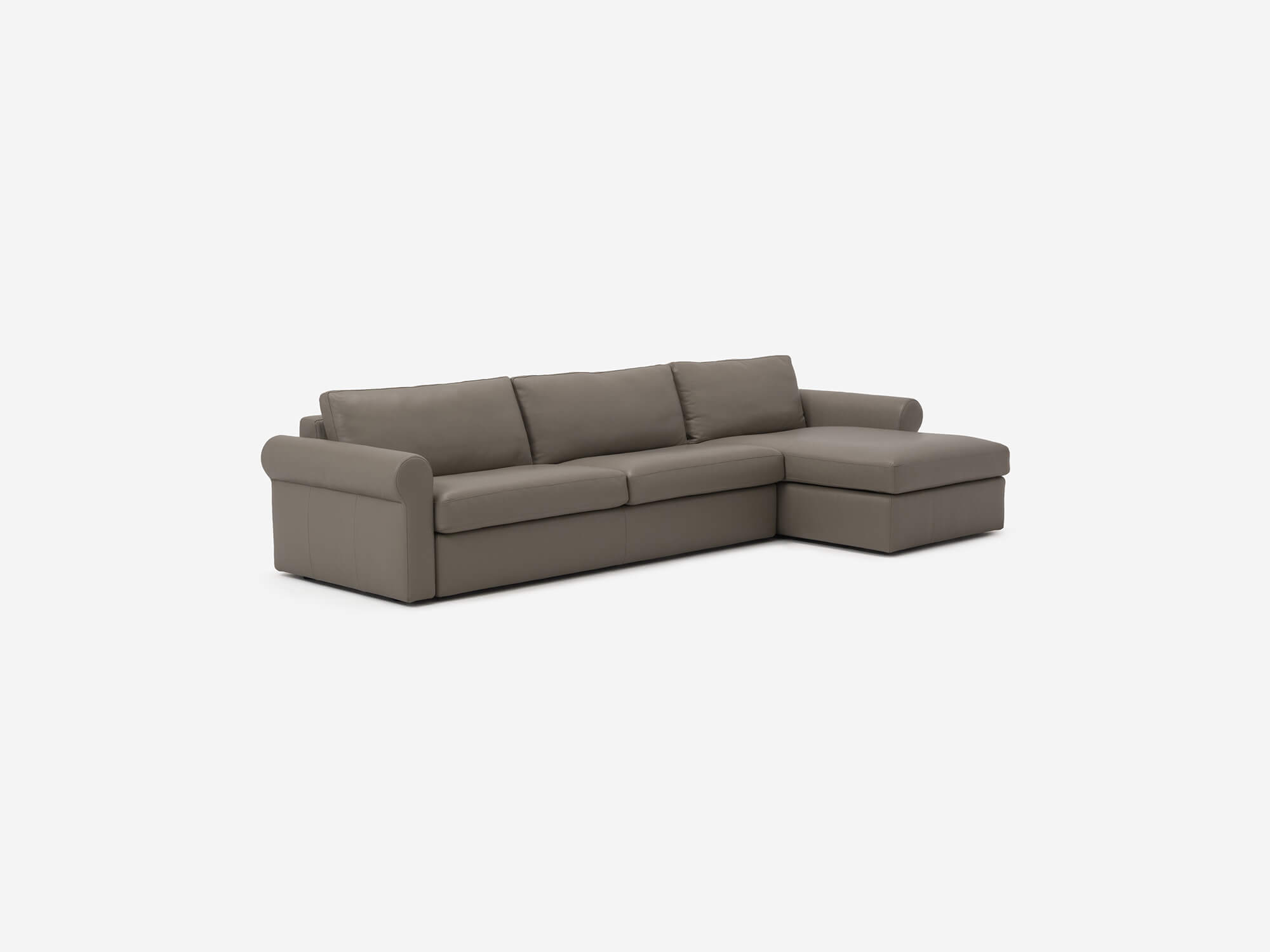Grey leather sectional with right hand side chaise front angle view