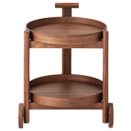 Front view of wheeled walnut bar cart