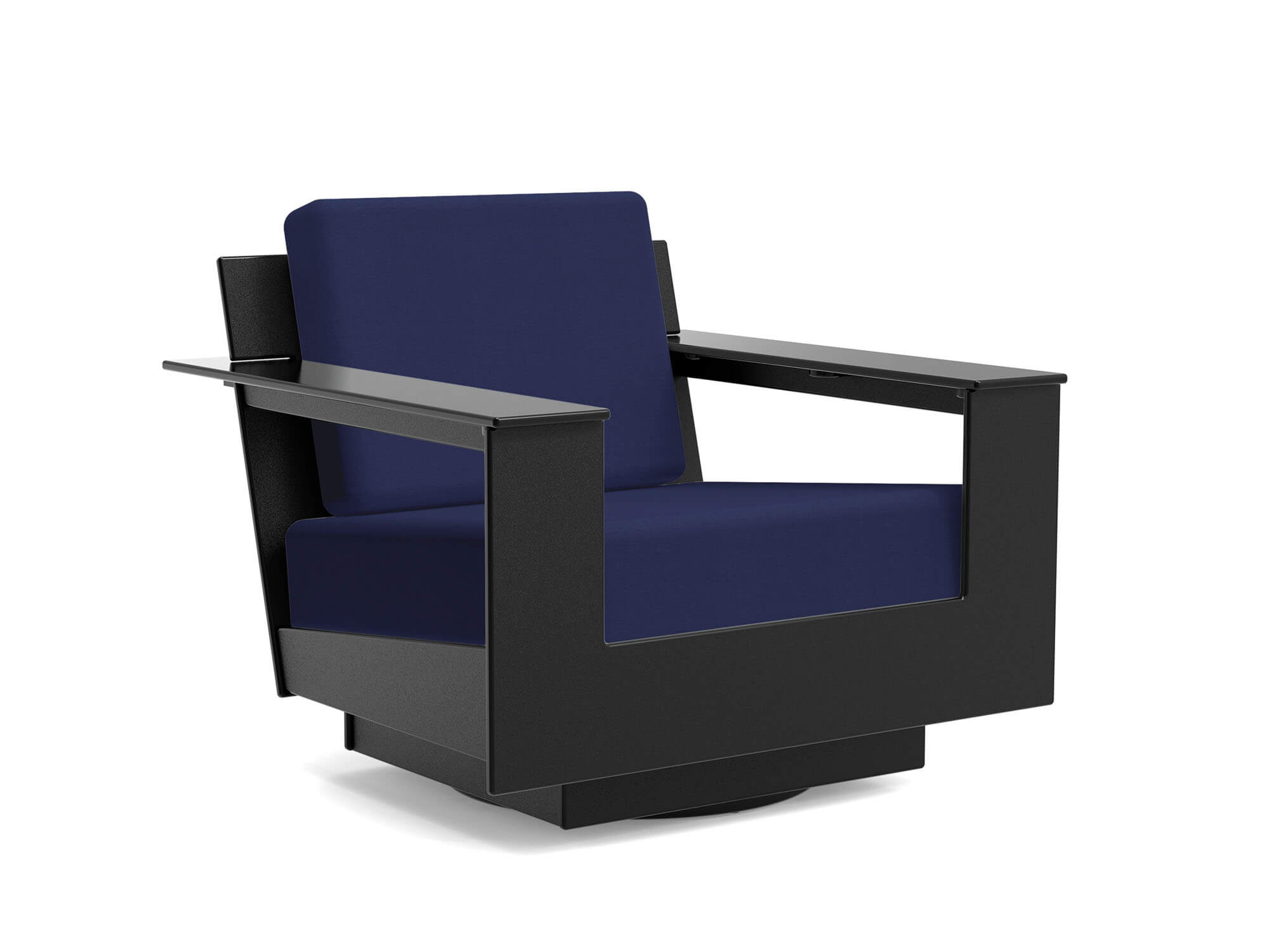 Black and dark blue swivel outdoor lounge chair front angle view