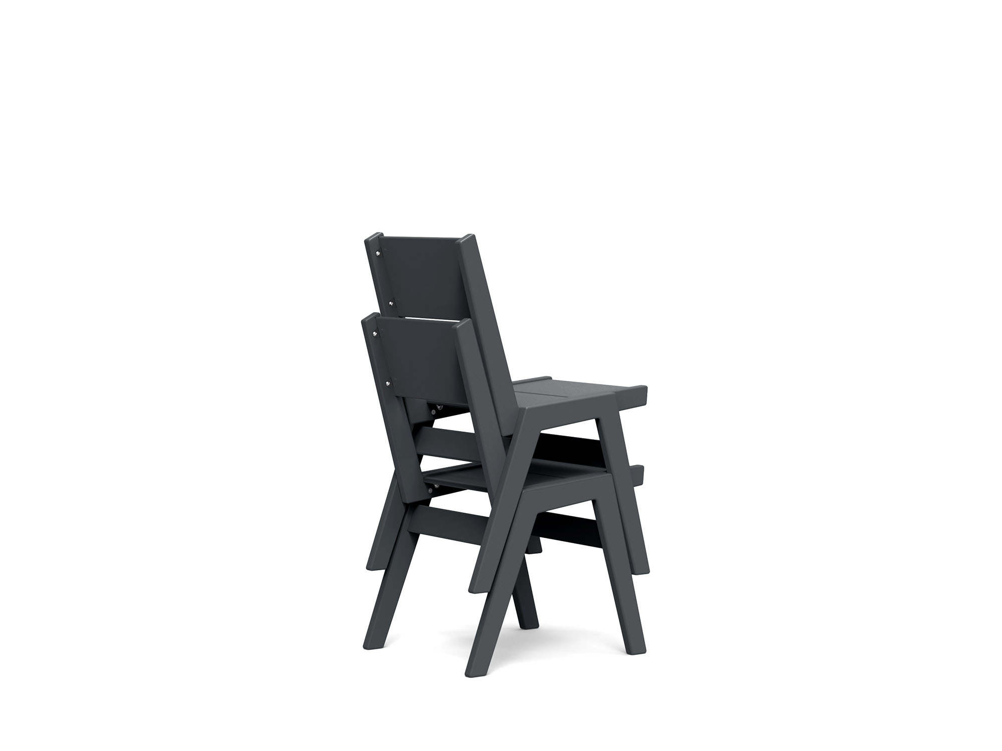 Back angle view of two grey outdoor dining chairs stacked