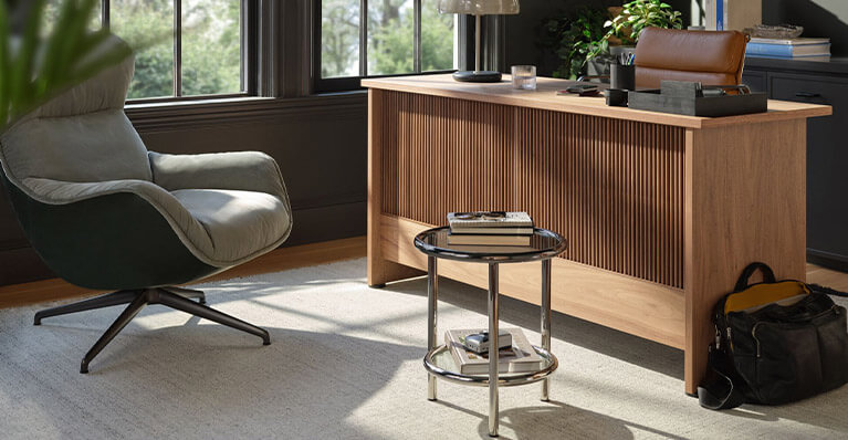 Plank oak desk is shown in a modern office. Link to office category