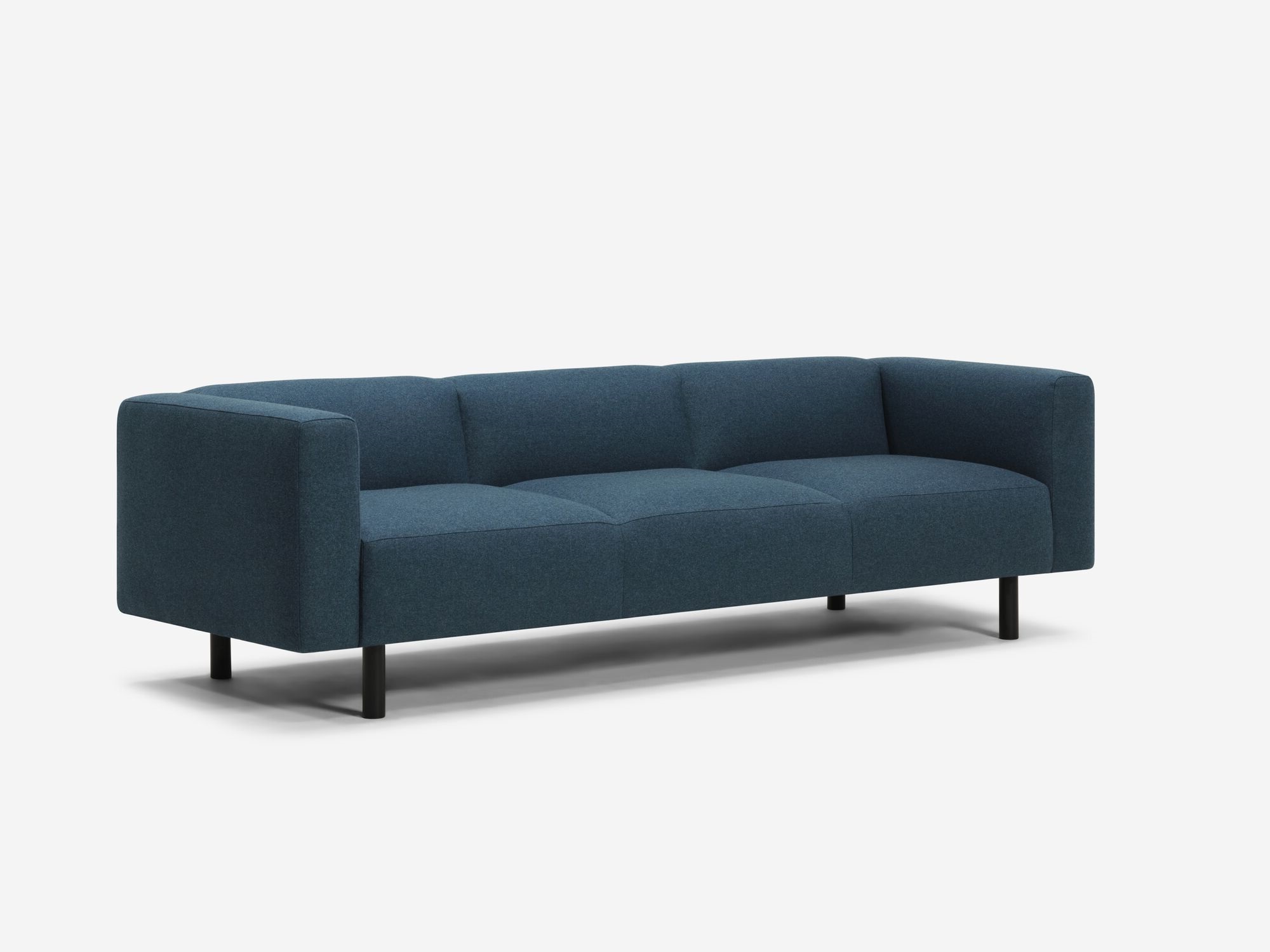 Front angle view of blue sofa