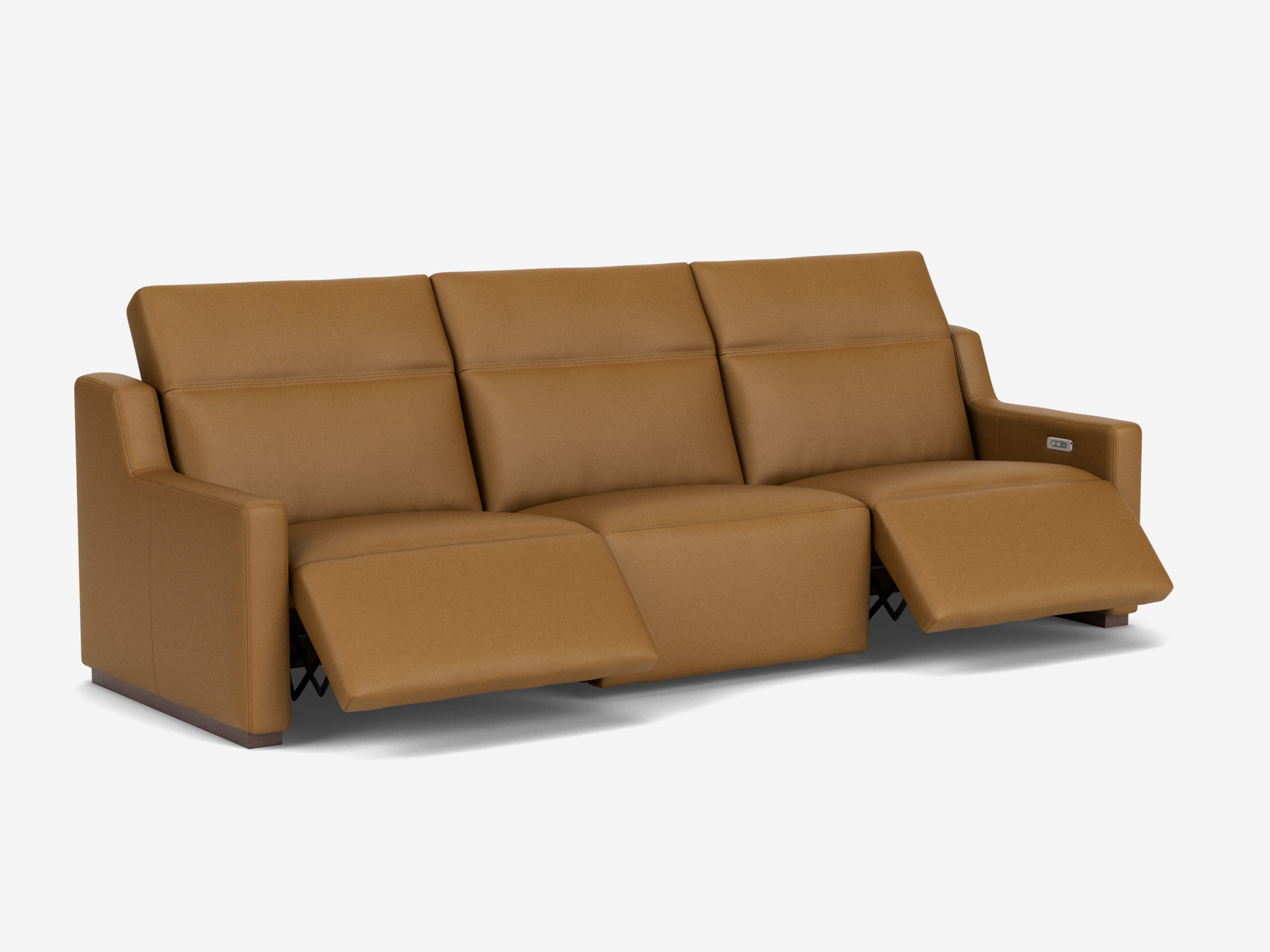 Front angle view of brown leather reclining sofa